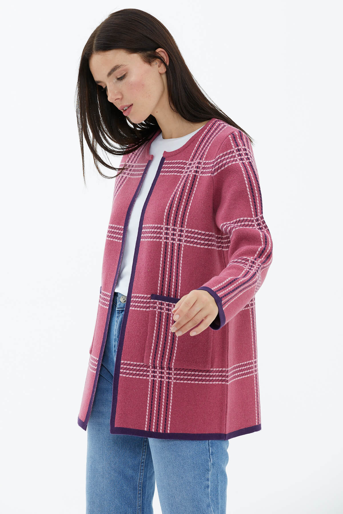 Sıfır Yaka Cepli Triko Ceket - Gül (3) Sementa