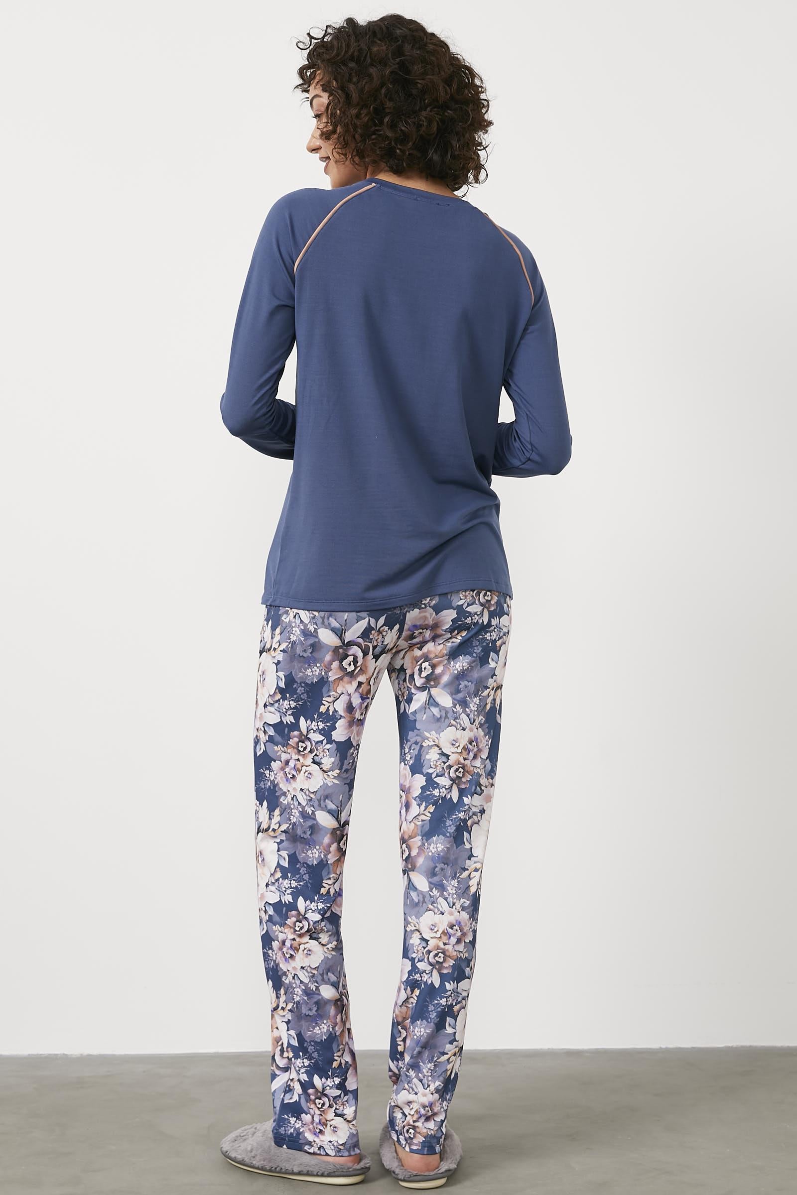 Sıfır Yaka Çiçek Desenli Pijama Takım - Indigo (5) Sementa