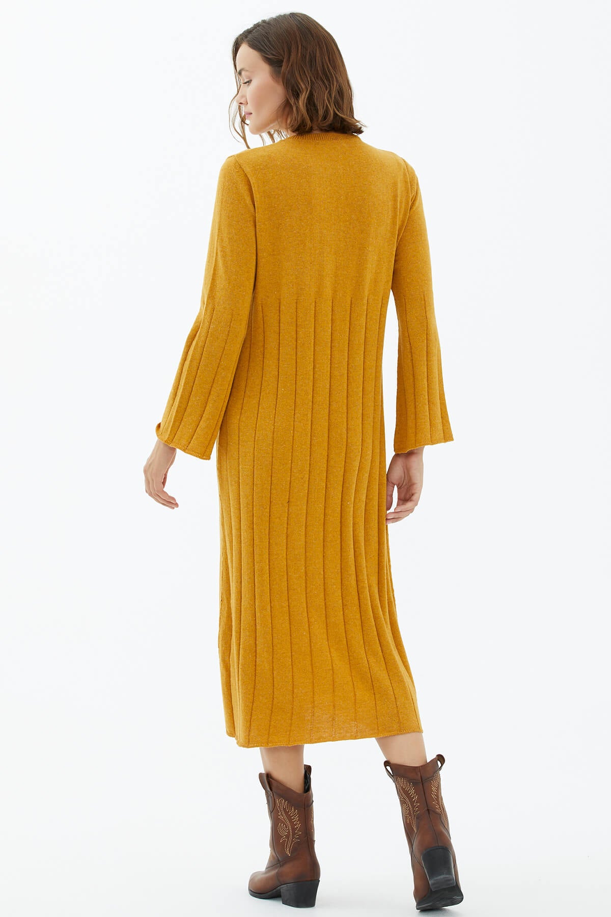 Sıfır Yaka Derbili Triko Elbise - Güneş (4) Sementa