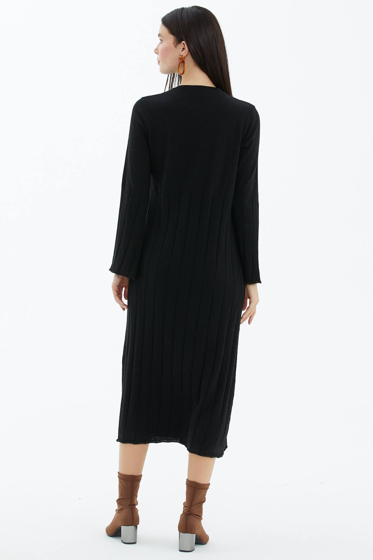 Sıfır Yaka Derbili Triko Elbise - Siyah (4) Sementa