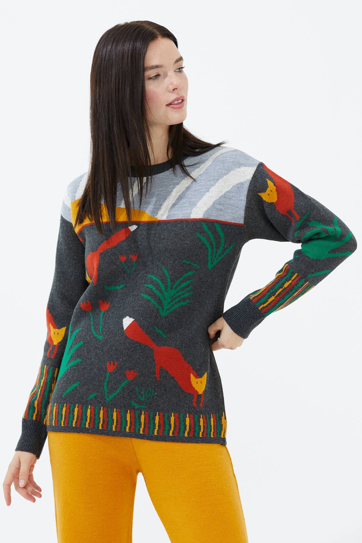 Sıfır Yaka Desenli Triko Kazak - Antrasit (3) Sementa