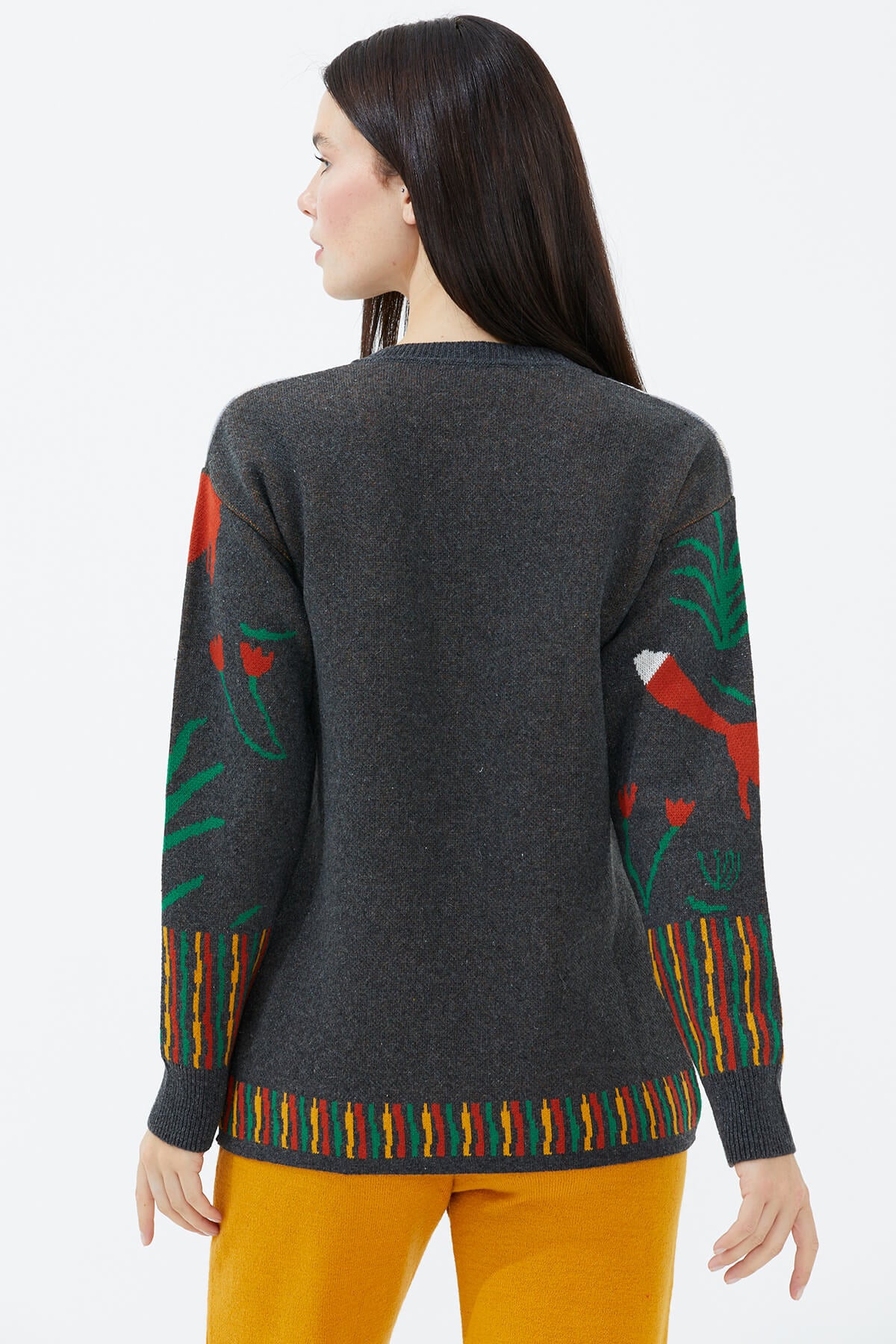 Sıfır Yaka Desenli Triko Kazak - Antrasit (4) Sementa