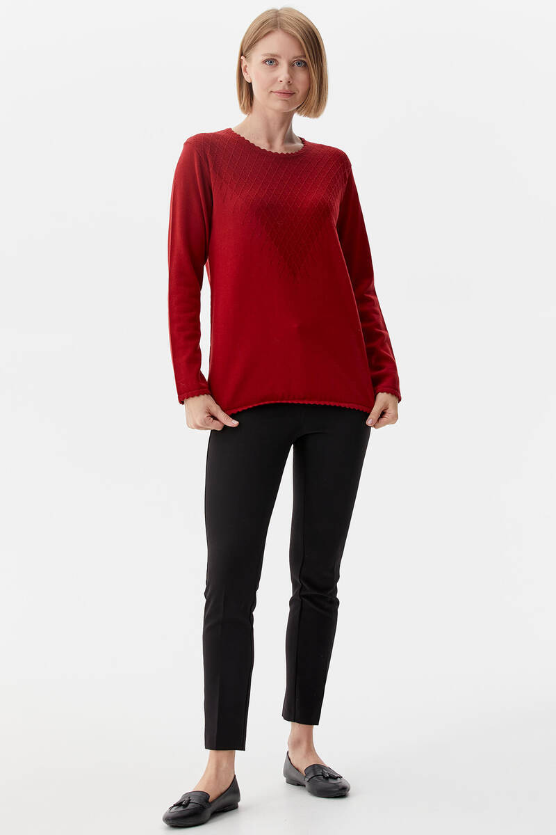 Sıfır Yaka Desenli Triko Kazak - Bordo (1) Sementa