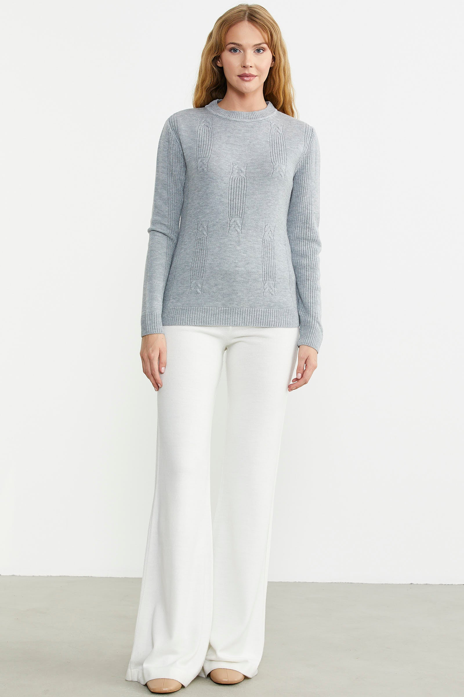 Sıfır Yaka Desenli Triko Kazak - Gri - Sementa