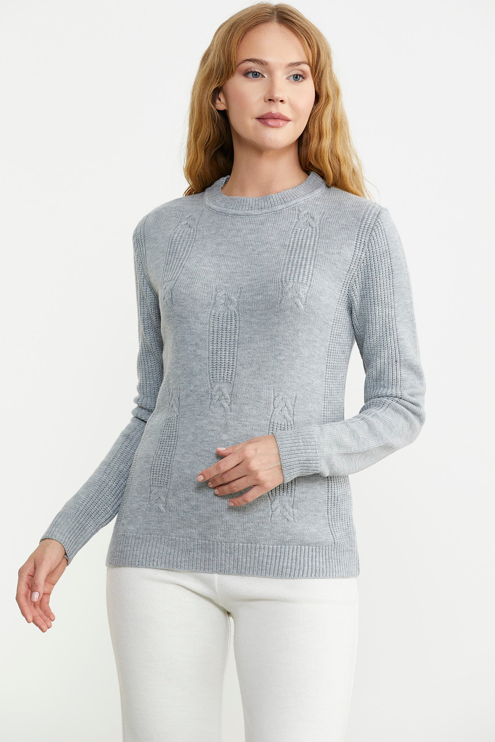 Sıfır Yaka Desenli Triko Kazak - Gri - Sementa