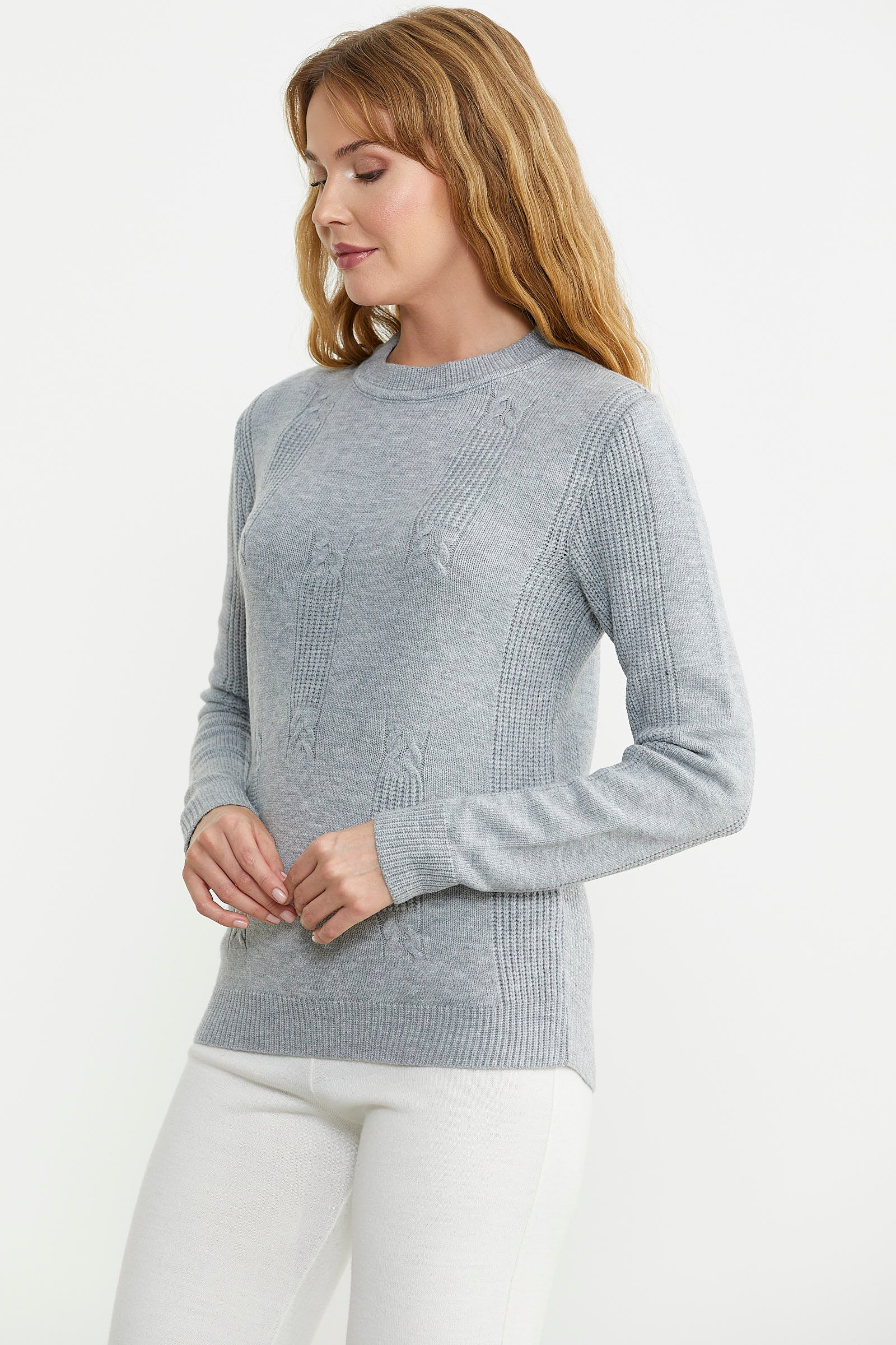 Sıfır Yaka Desenli Triko Kazak - Gri - Sementa