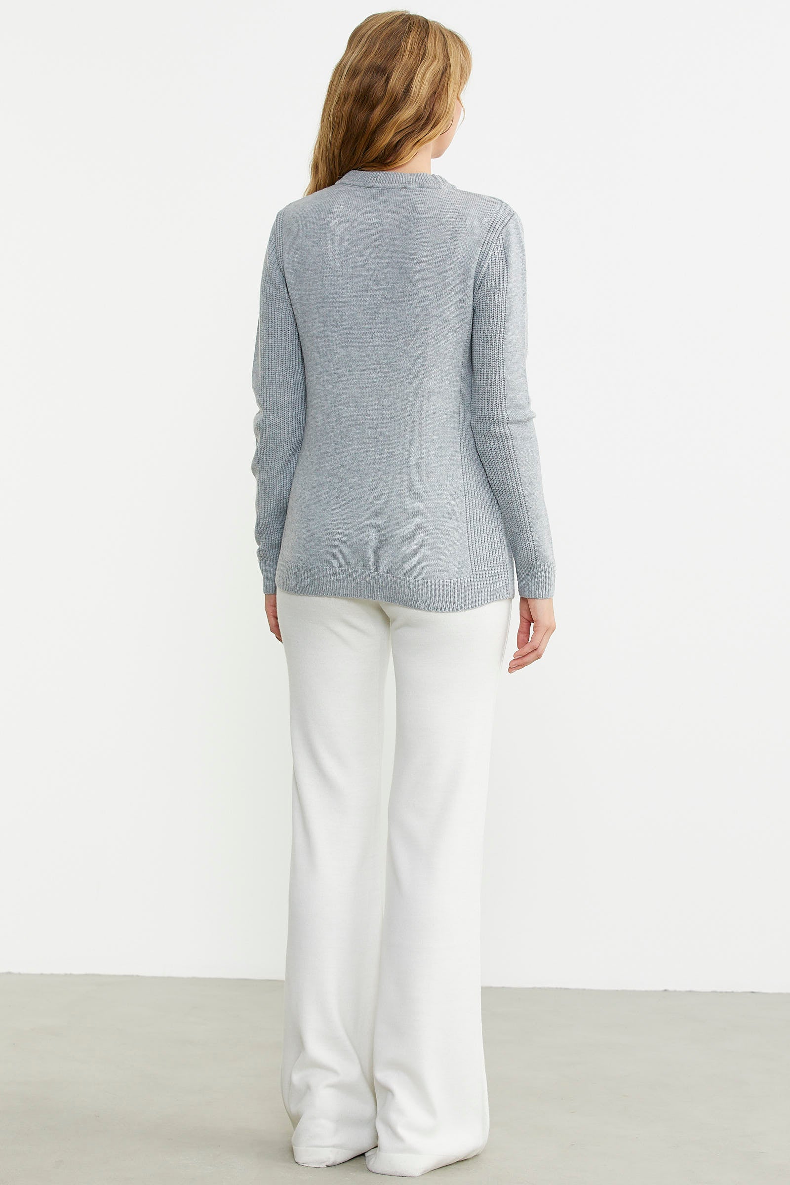 Sıfır Yaka Desenli Triko Kazak - Gri - Sementa