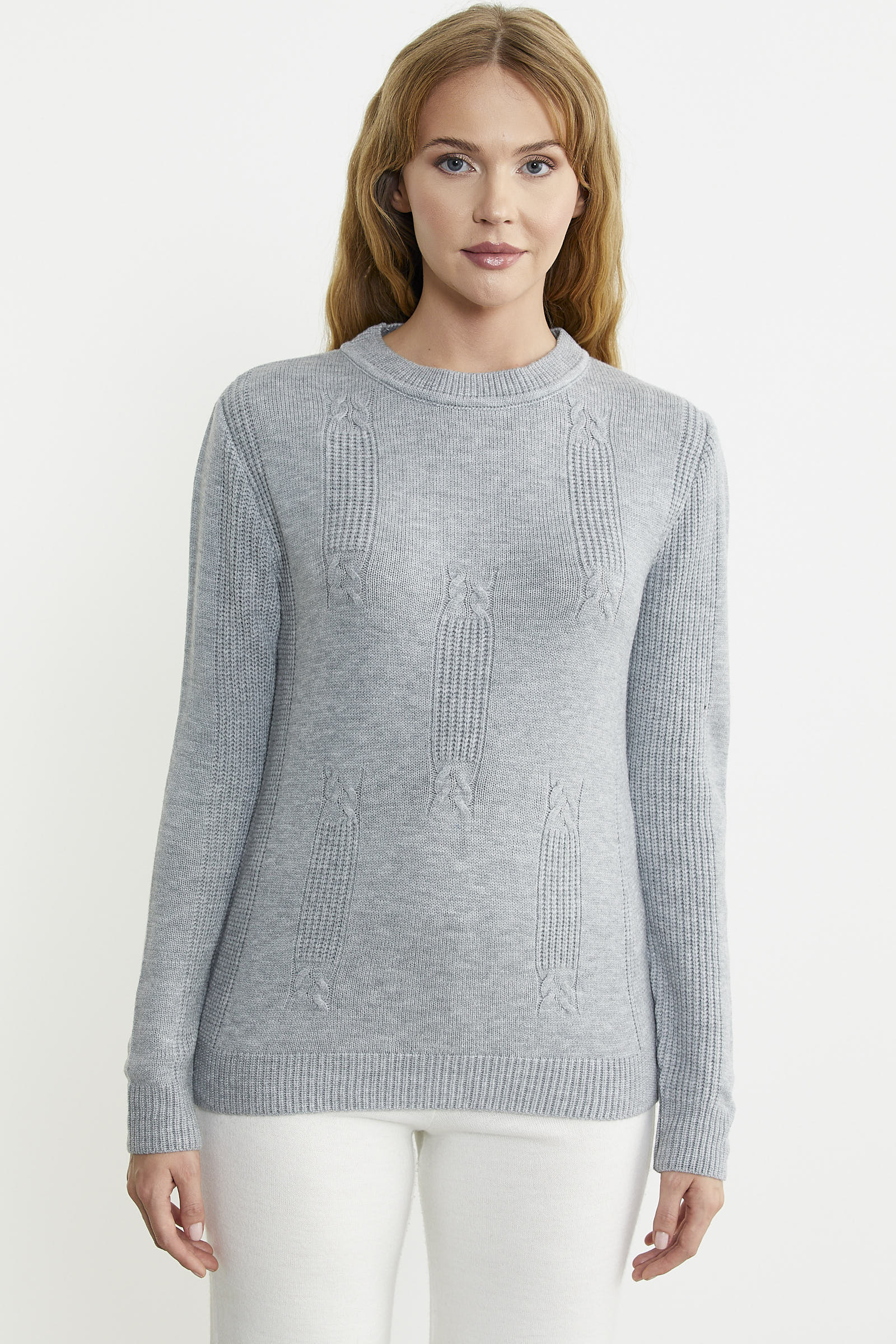 Sıfır Yaka Desenli Triko Kazak - Gri - Sementa