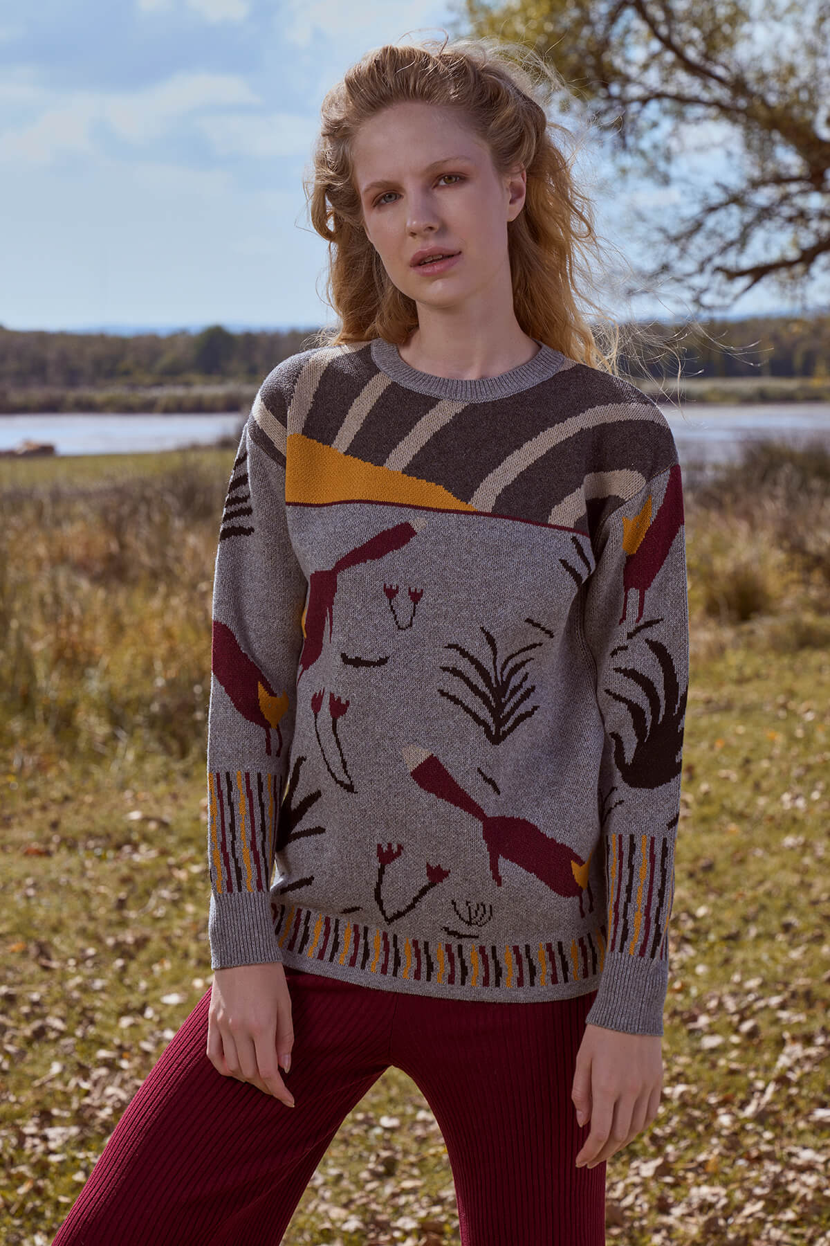 Sıfır Yaka Desenli Triko Kazak - Gri (1) Sementa