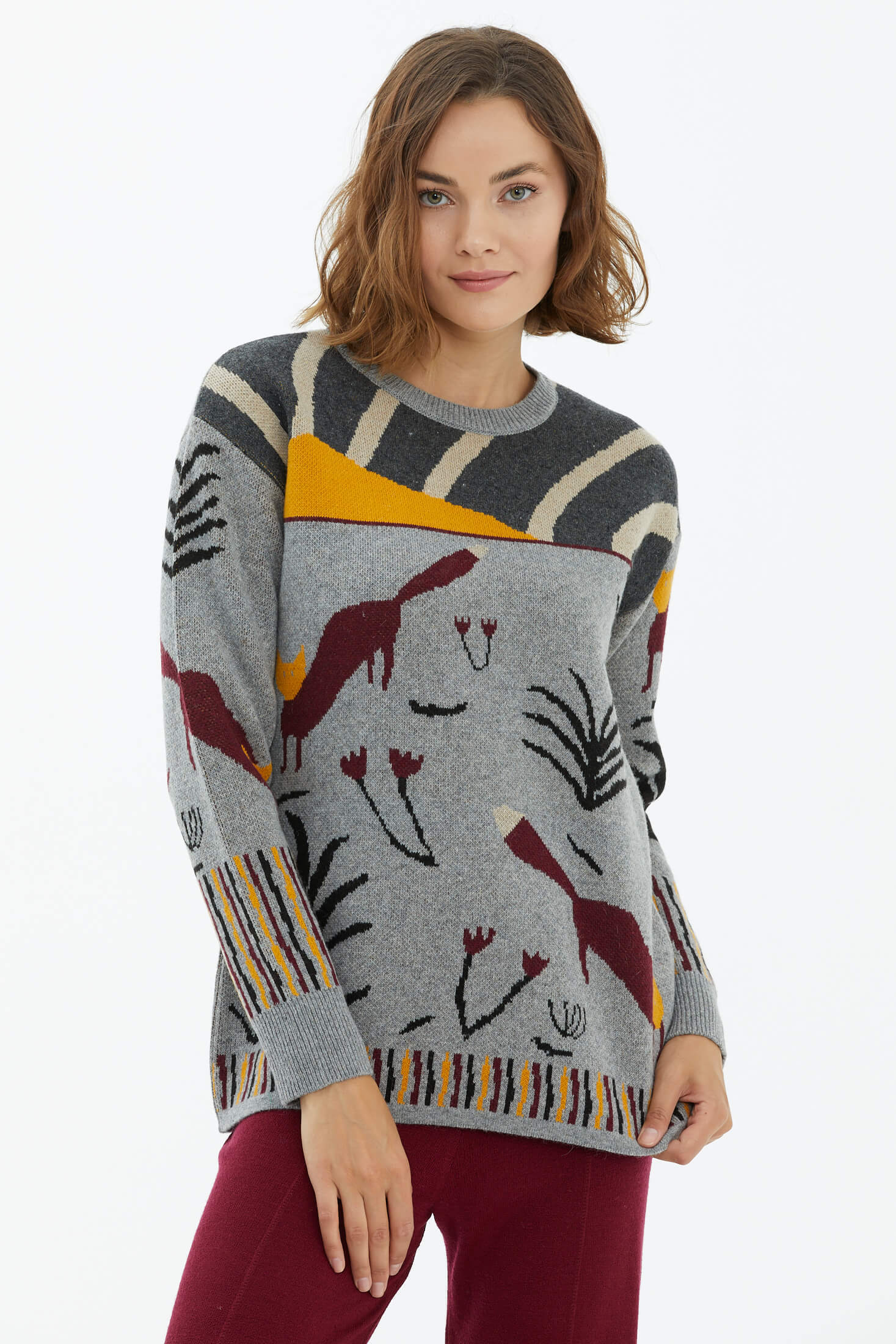 Sıfır Yaka Desenli Triko Kazak - Gri (2) Sementa