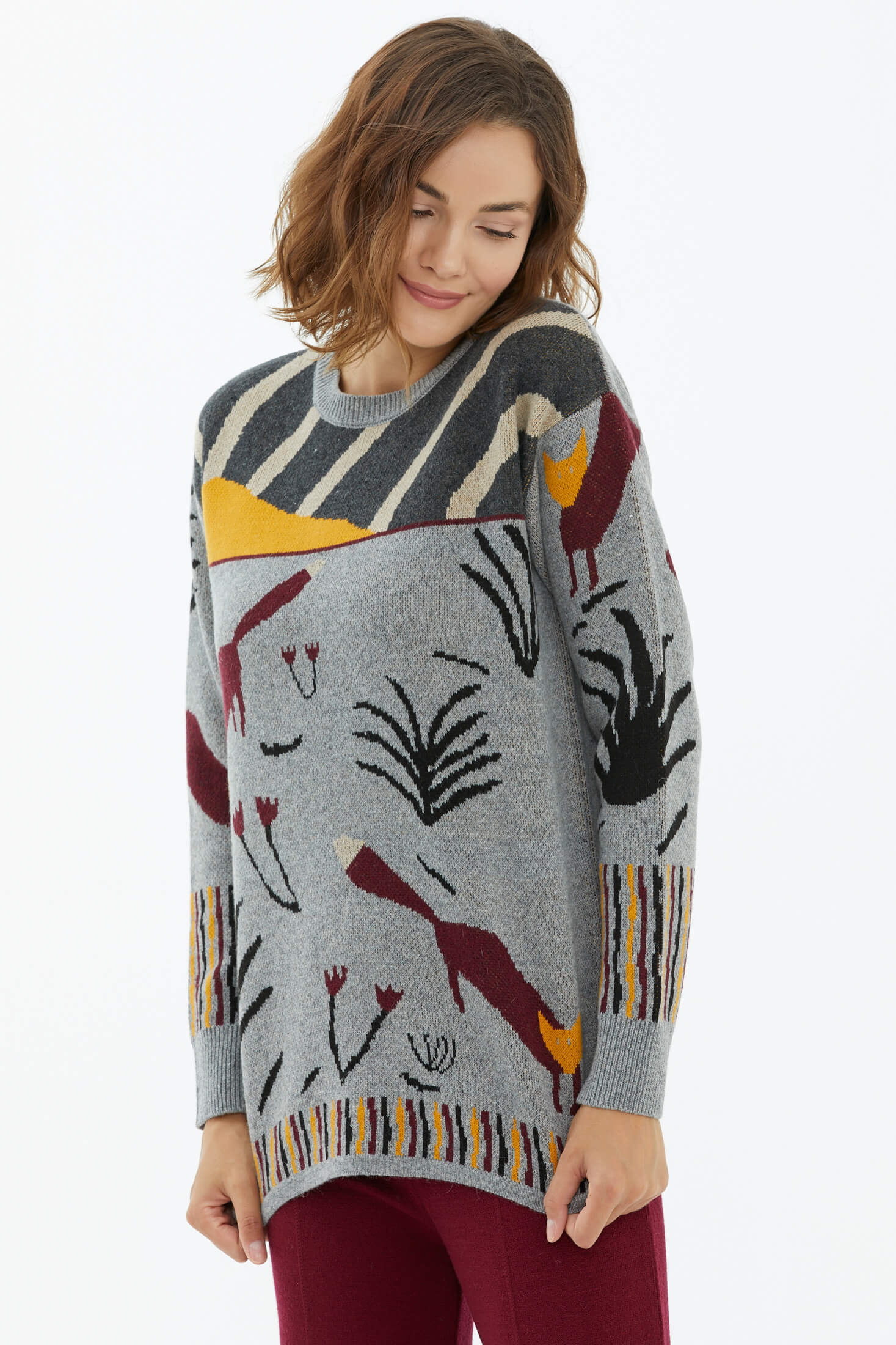 Sıfır Yaka Desenli Triko Kazak - Gri (3) Sementa