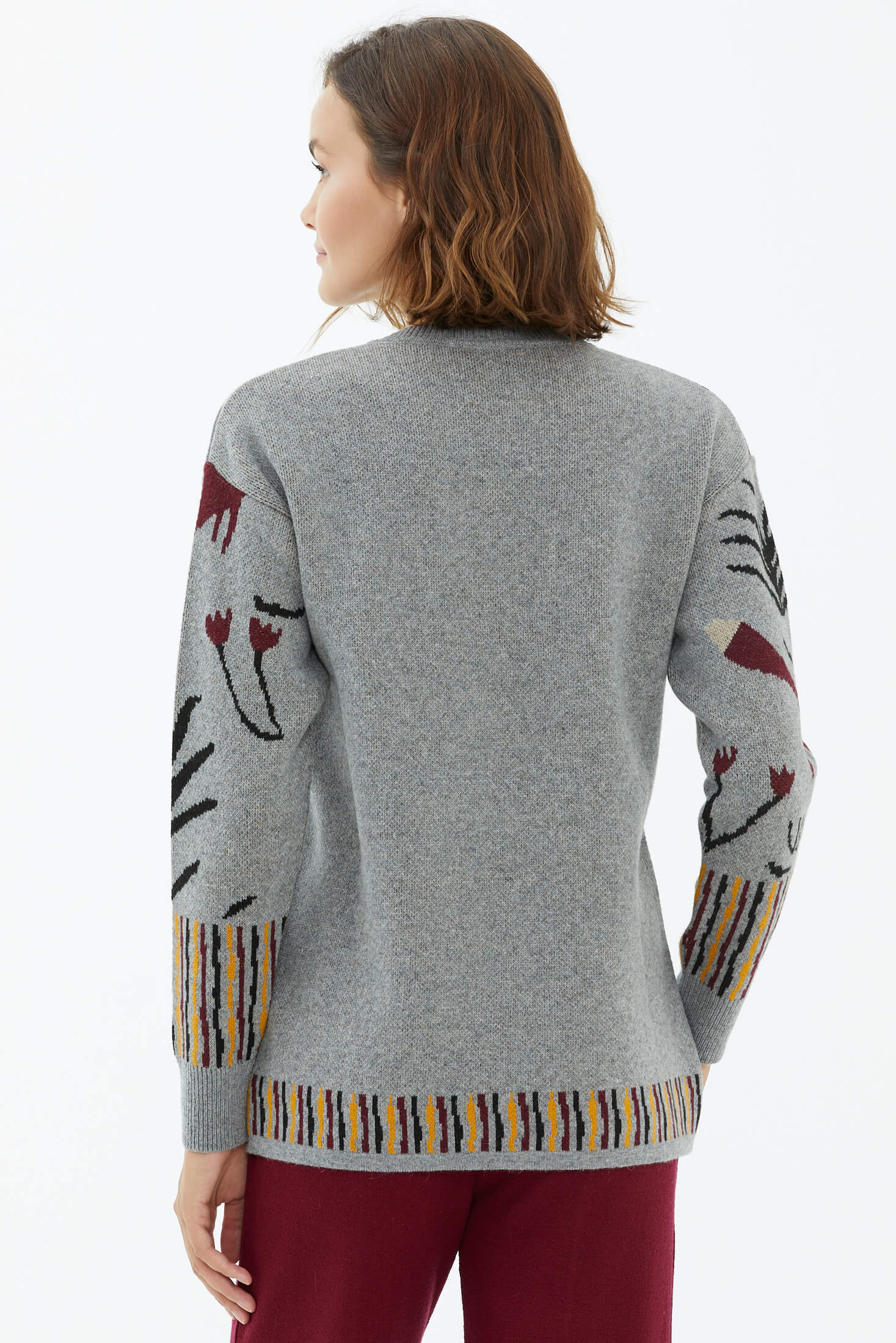 Sıfır Yaka Desenli Triko Kazak - Gri (4) Sementa