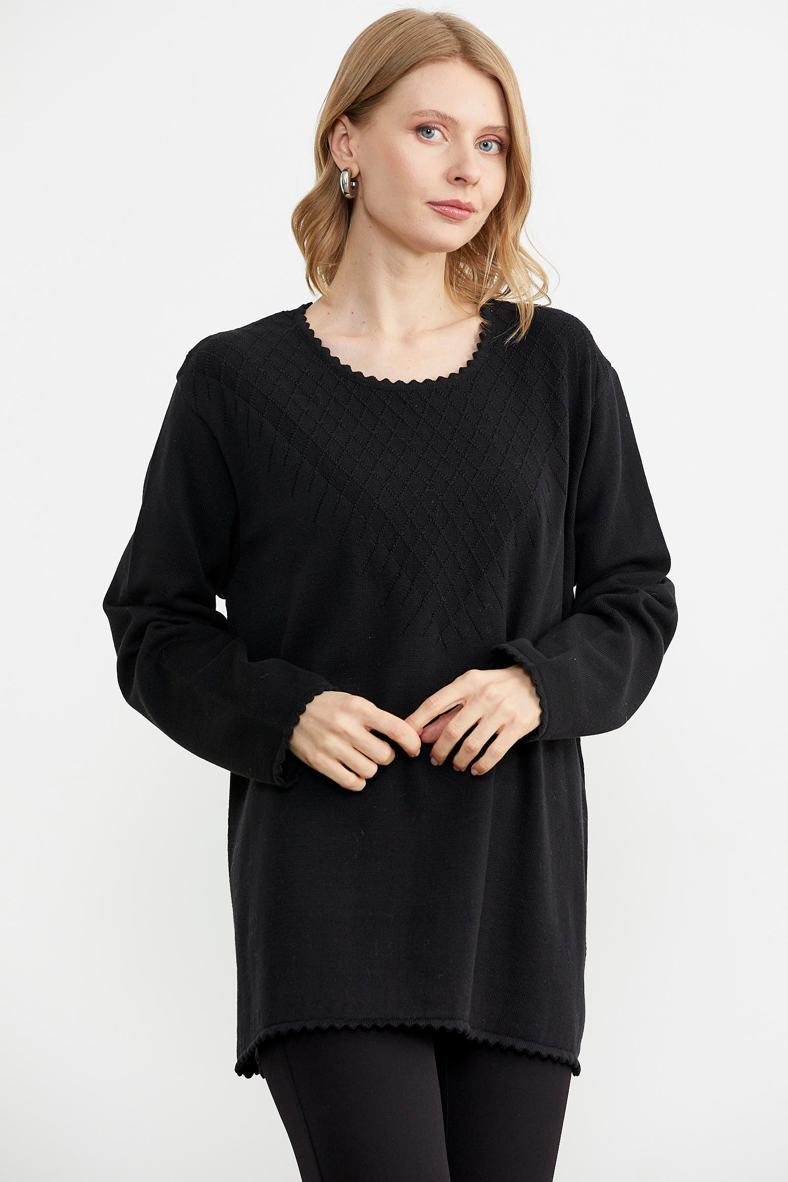 Sıfır Yaka Desenli Triko Kazak - Siyah (3) Sementa