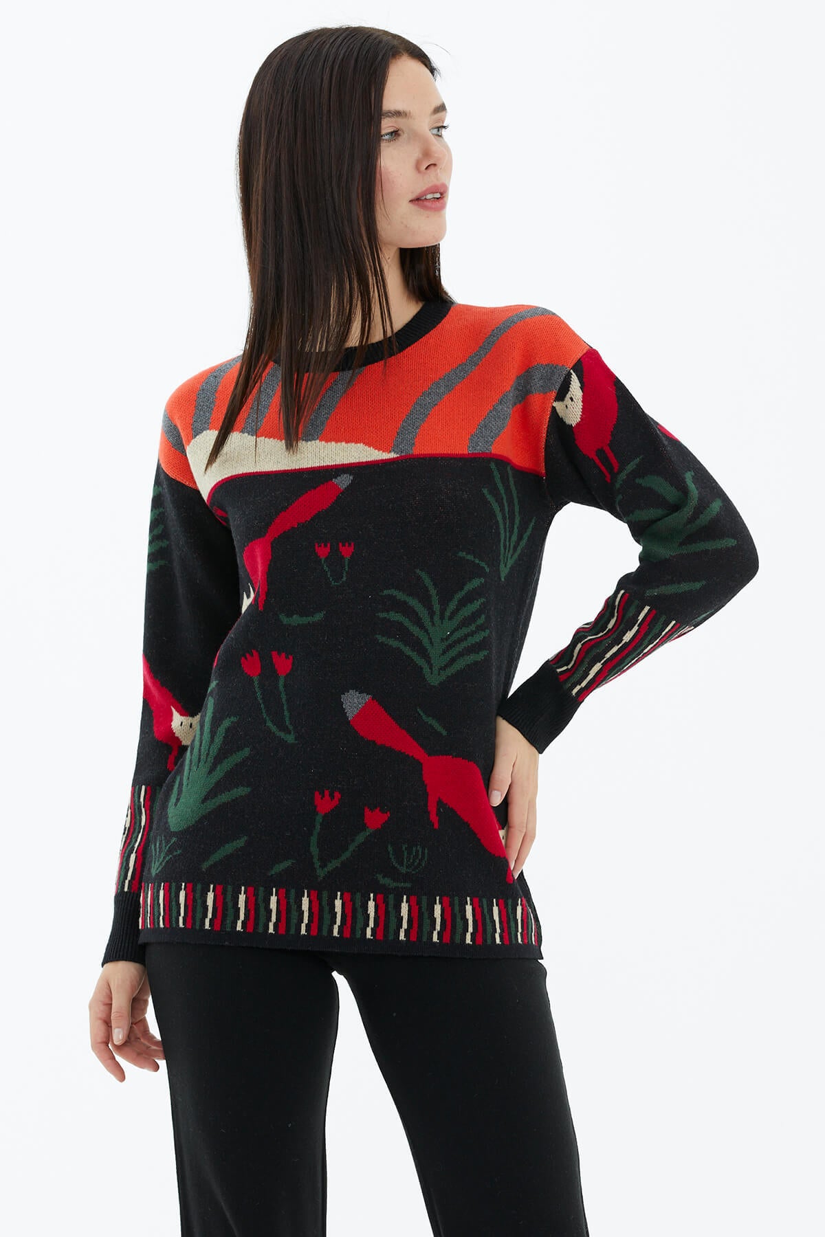 Sıfır Yaka Desenli Triko Kazak - Siyah (3) Sementa