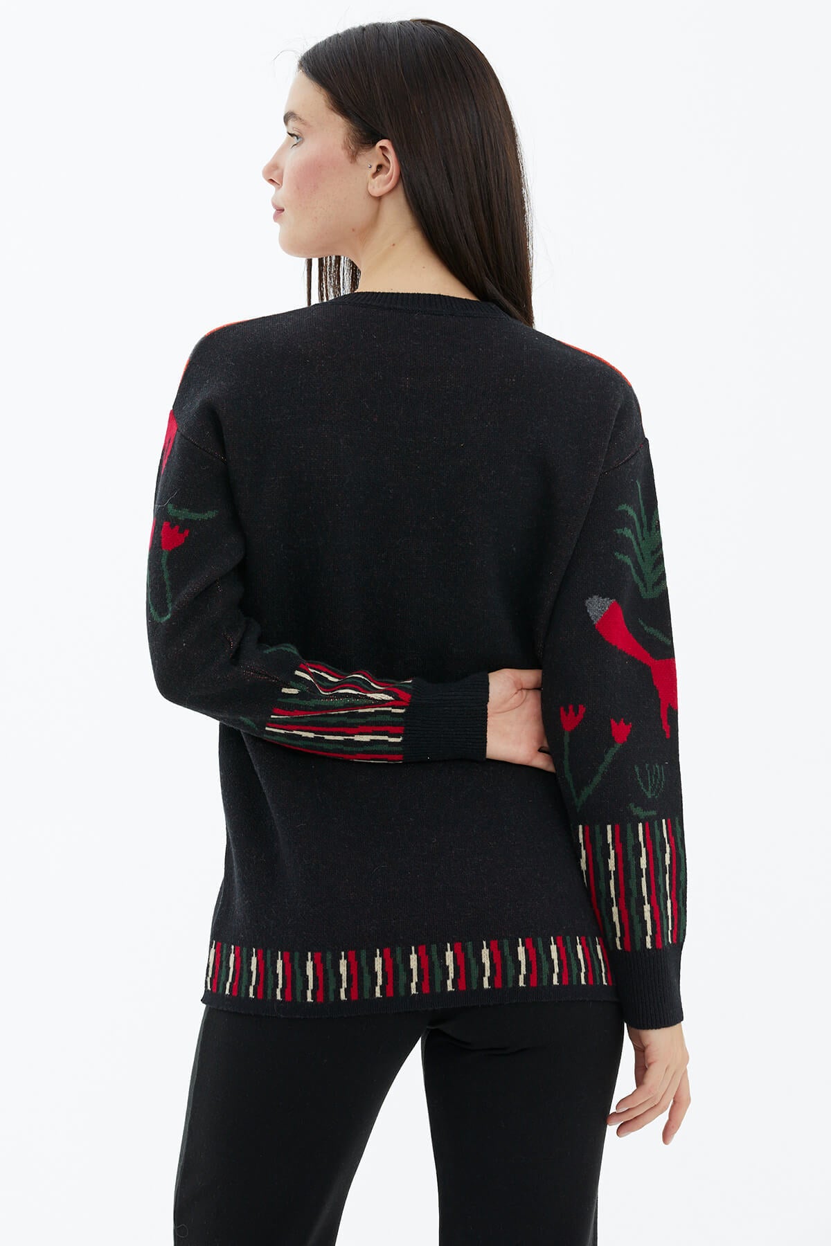 Sıfır Yaka Desenli Triko Kazak - Siyah (4) Sementa