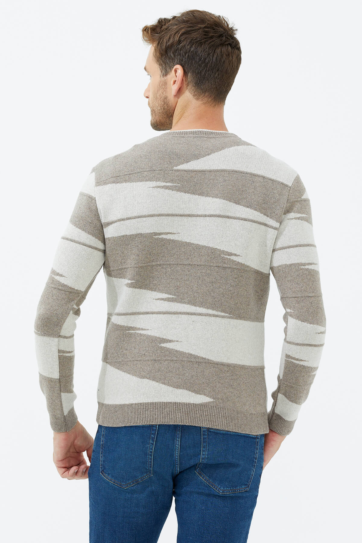 Sıfır Yaka Desenli Triko Kazak - Sütlü Kahve (4) Sementa