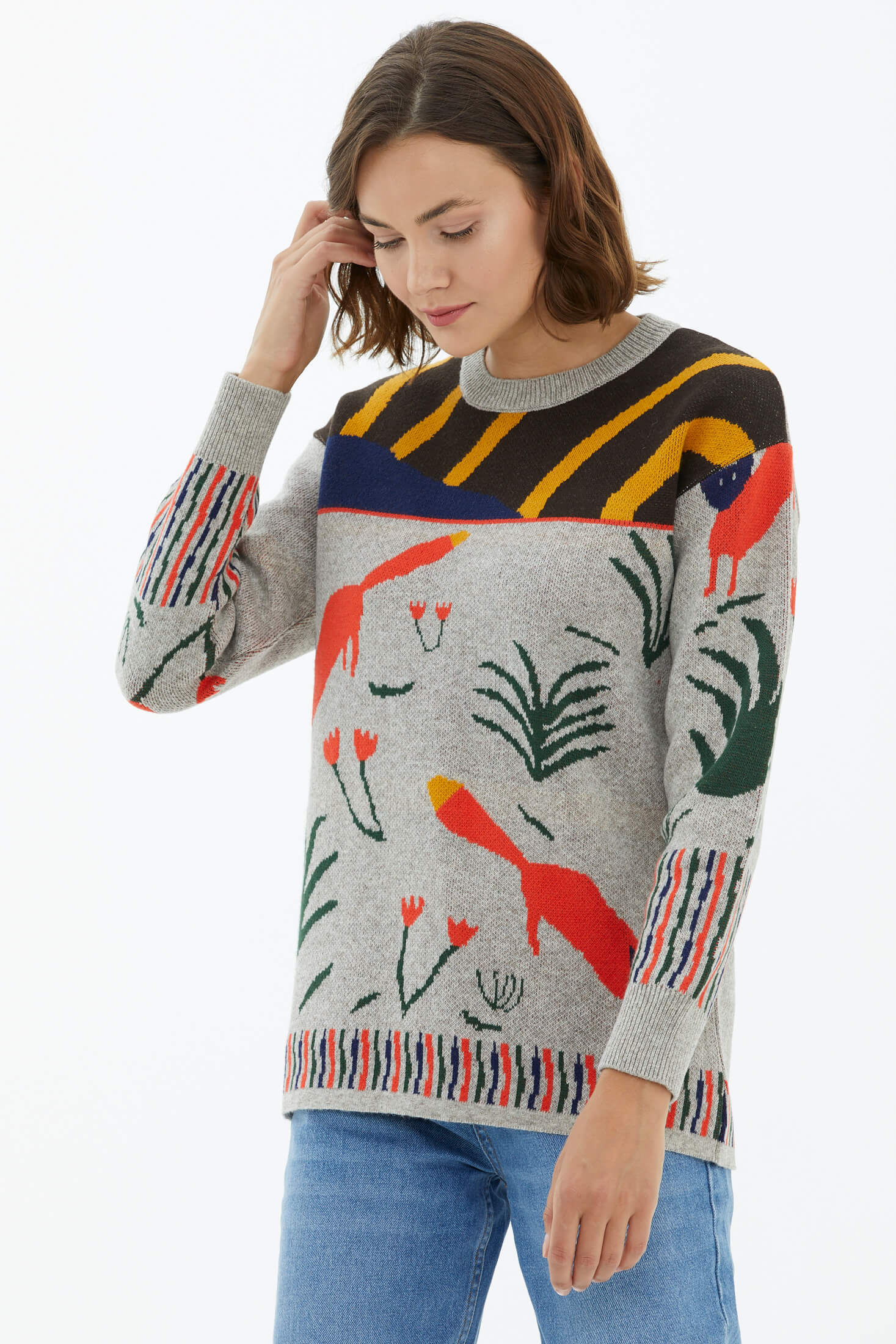 Sıfır Yaka Desenli Triko Kazak - Vizon (3) Sementa