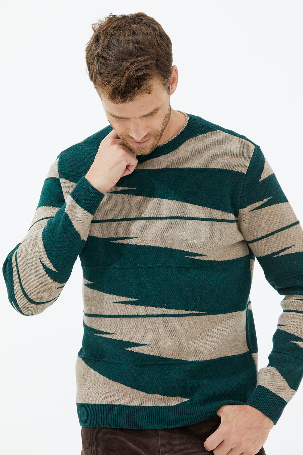 Sıfır Yaka Desenli Triko Kazak - Yeşil (4) Sementa