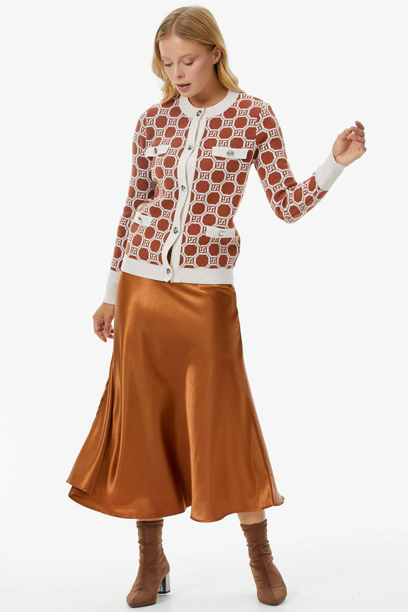 Sıfır Yaka Düğmeli Cep Detaylı Triko Hırka - Kemik - Taba (4) Sementa