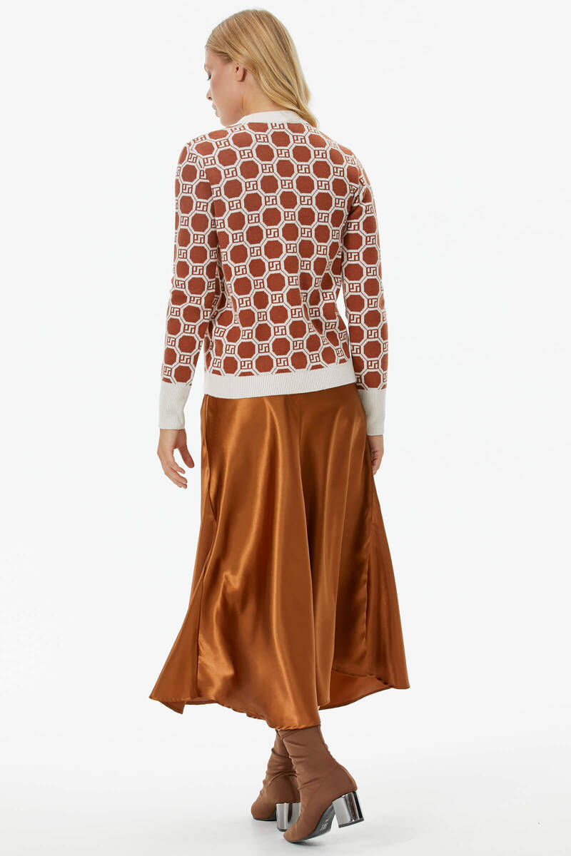 Sıfır Yaka Düğmeli Cep Detaylı Triko Hırka - Kemik - Taba (5) Sementa