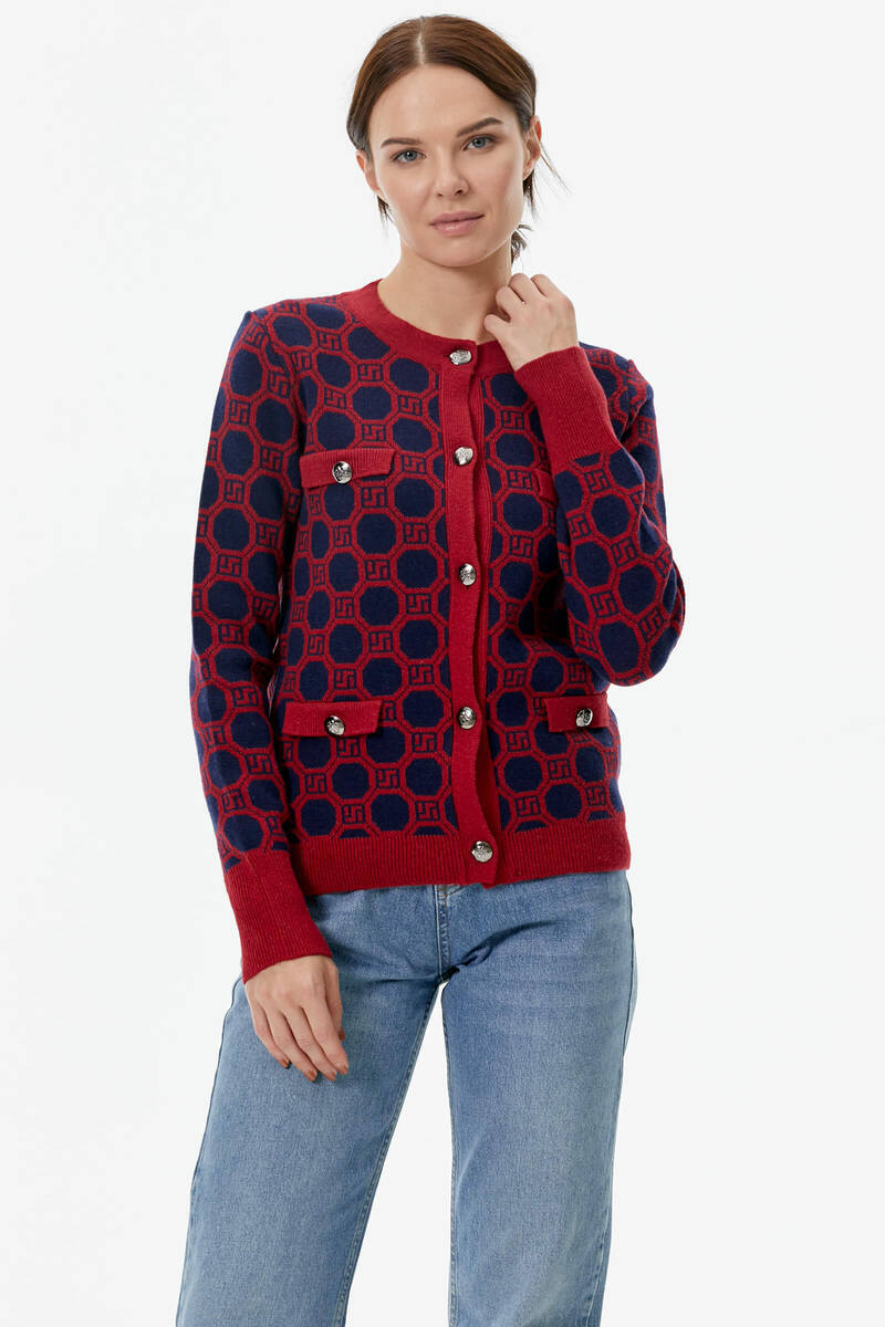 Sıfır Yaka Düğmeli Cep Detaylı Triko Hırka - Kırmızı - Lacivert (6) Sementa