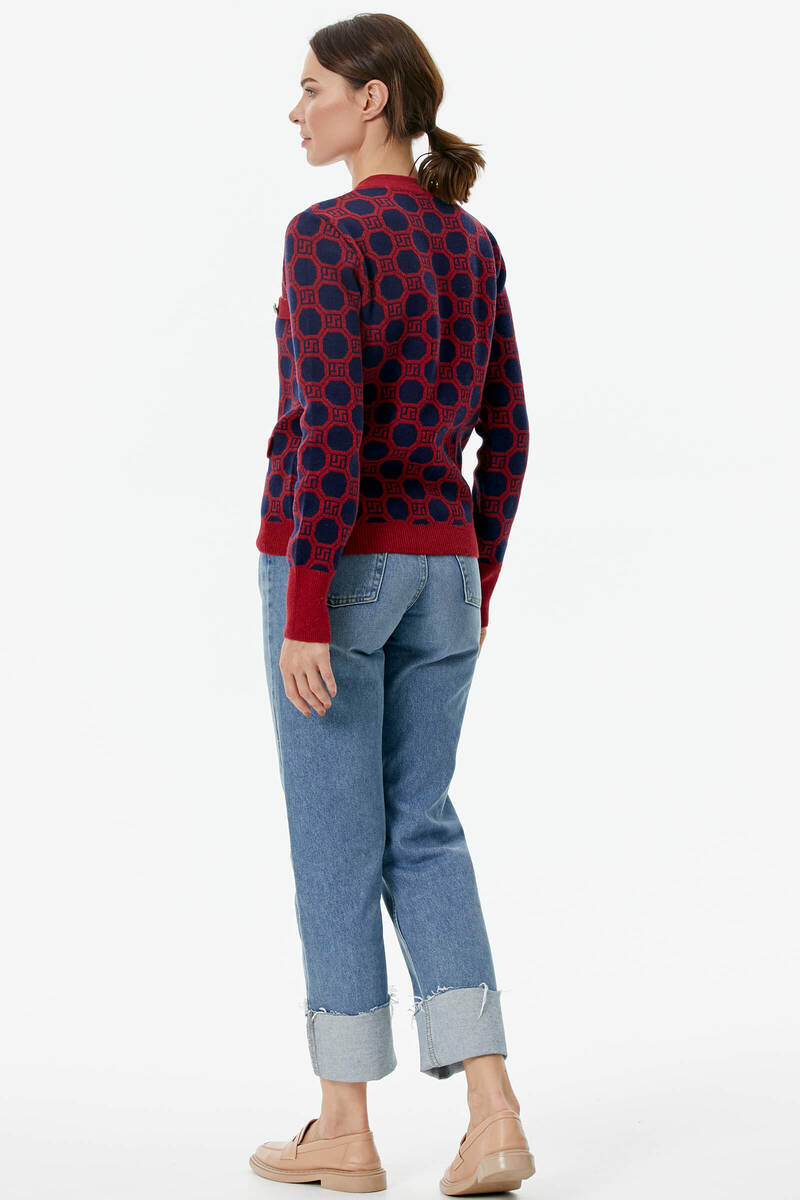 Sıfır Yaka Düğmeli Cep Detaylı Triko Hırka - Kırmızı - Lacivert (7) Sementa