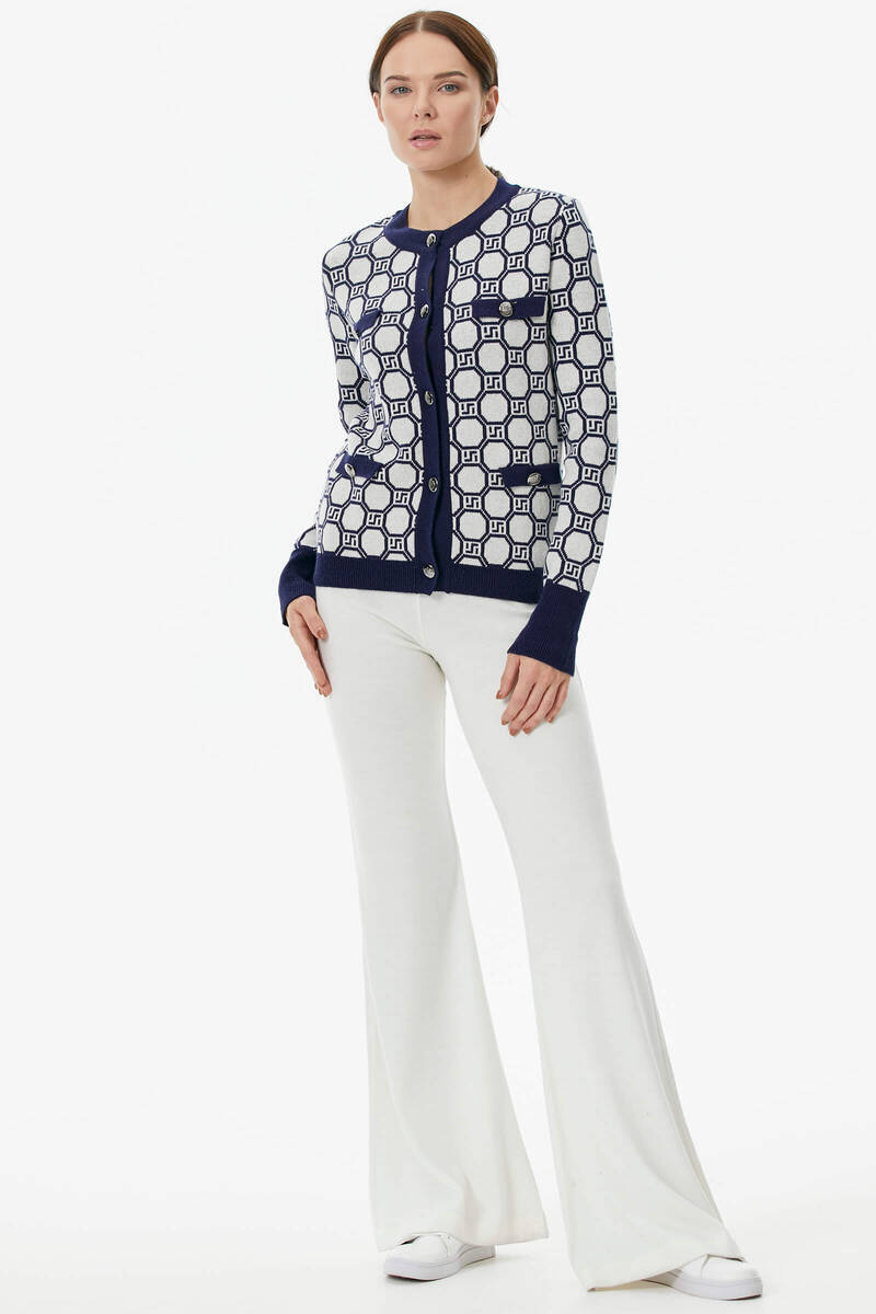 Sıfır Yaka Düğmeli Cep Detaylı Triko Hırka - Lacivert - Beyaz (4) Sementa