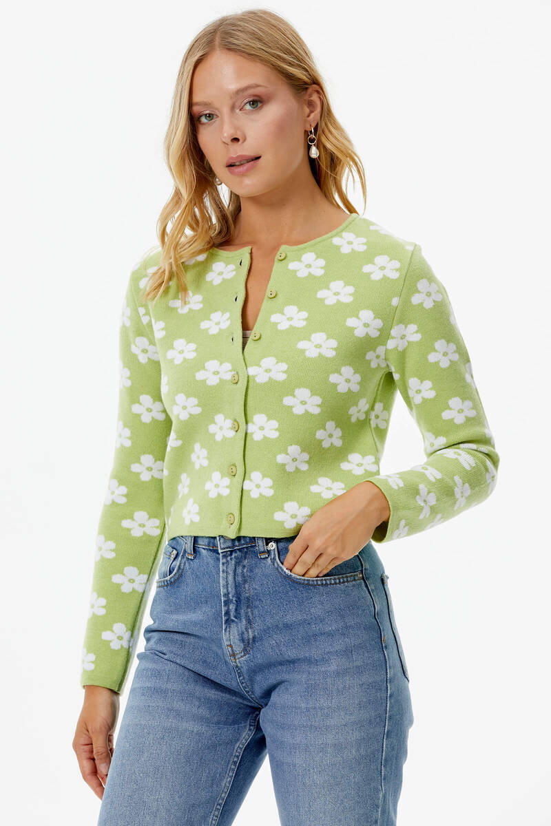 Sıfır Yaka Düğmeli Çiçek Desenli Triko Hırka - Yeşil (3) Sementa