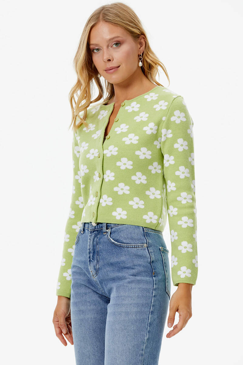 Sıfır Yaka Düğmeli Çiçek Desenli Triko Hırka - Yeşil (4) Sementa