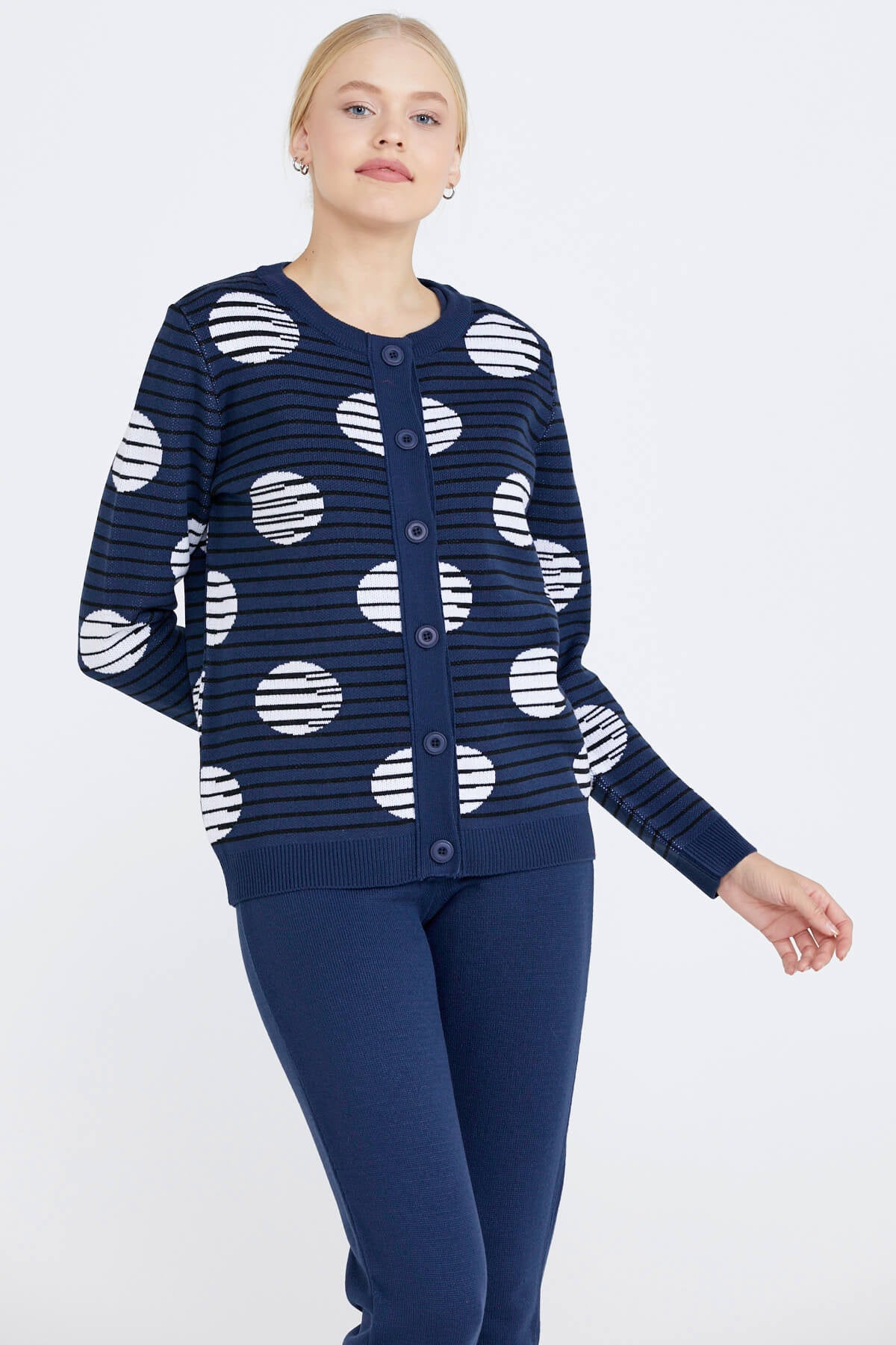 Sıfır Yaka Düğmeli Kadın Triko Ceket - Lacivert (3) Sementa