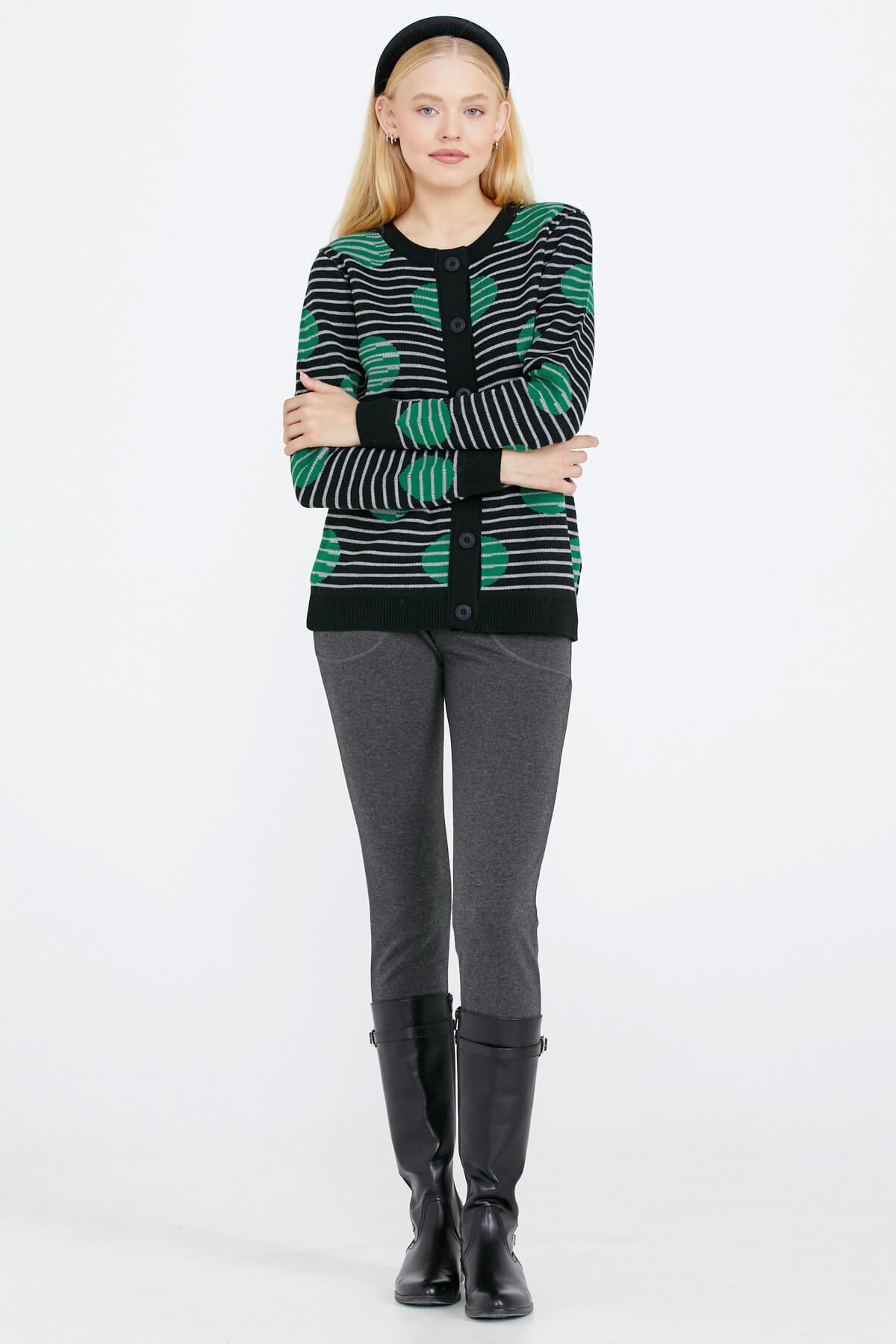 Sıfır Yaka Düğmeli Kadın Triko Ceket - Siyah (3) Sementa