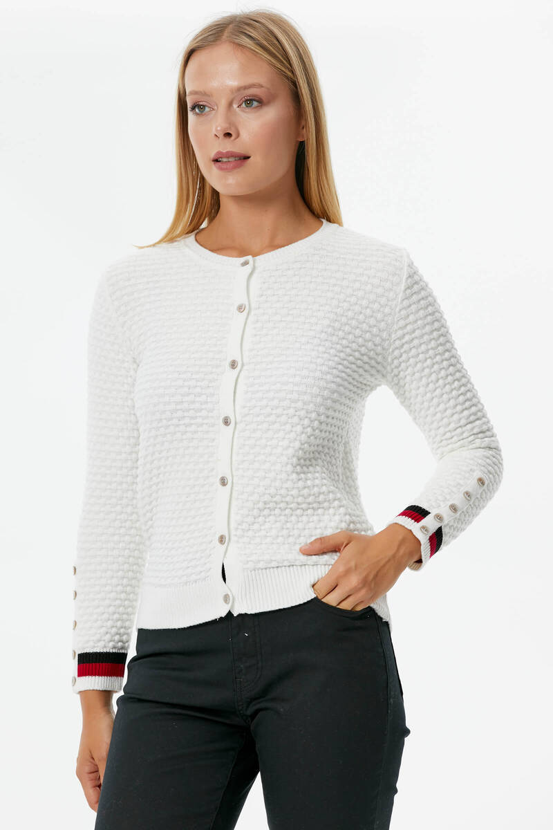 Sıfır Yaka Düğmeli Petek Desenli Triko Hırka - Kemik (3) Sementa