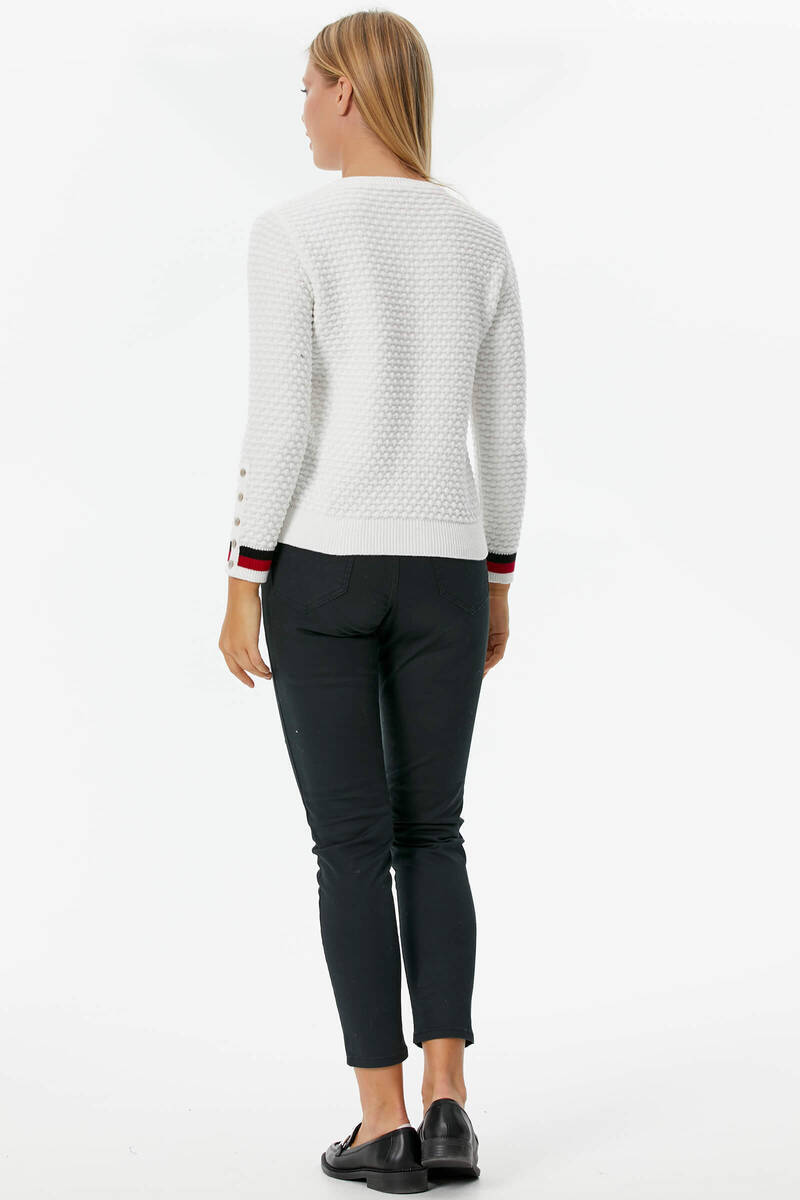 Sıfır Yaka Düğmeli Petek Desenli Triko Hırka - Kemik (4) Sementa