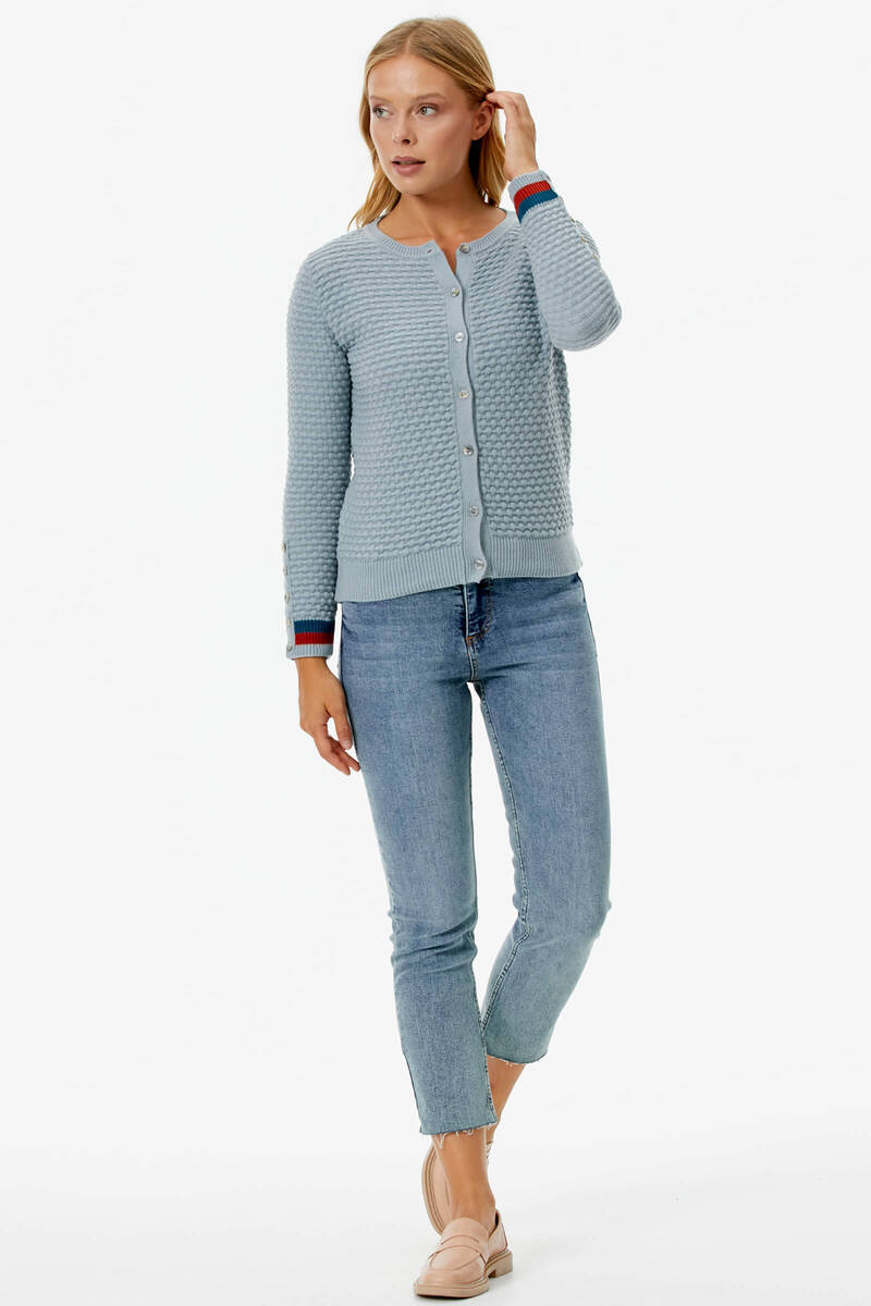 Sıfır Yaka Düğmeli Petek Desenli Triko Hırka - Mavi (4) Sementa