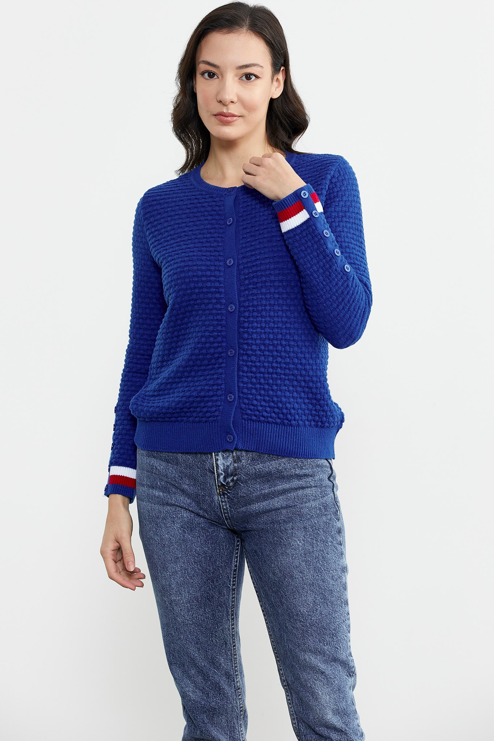 Sıfır Yaka Düğmeli Petek Desenli Triko Hırka - Saks (2) Sementa