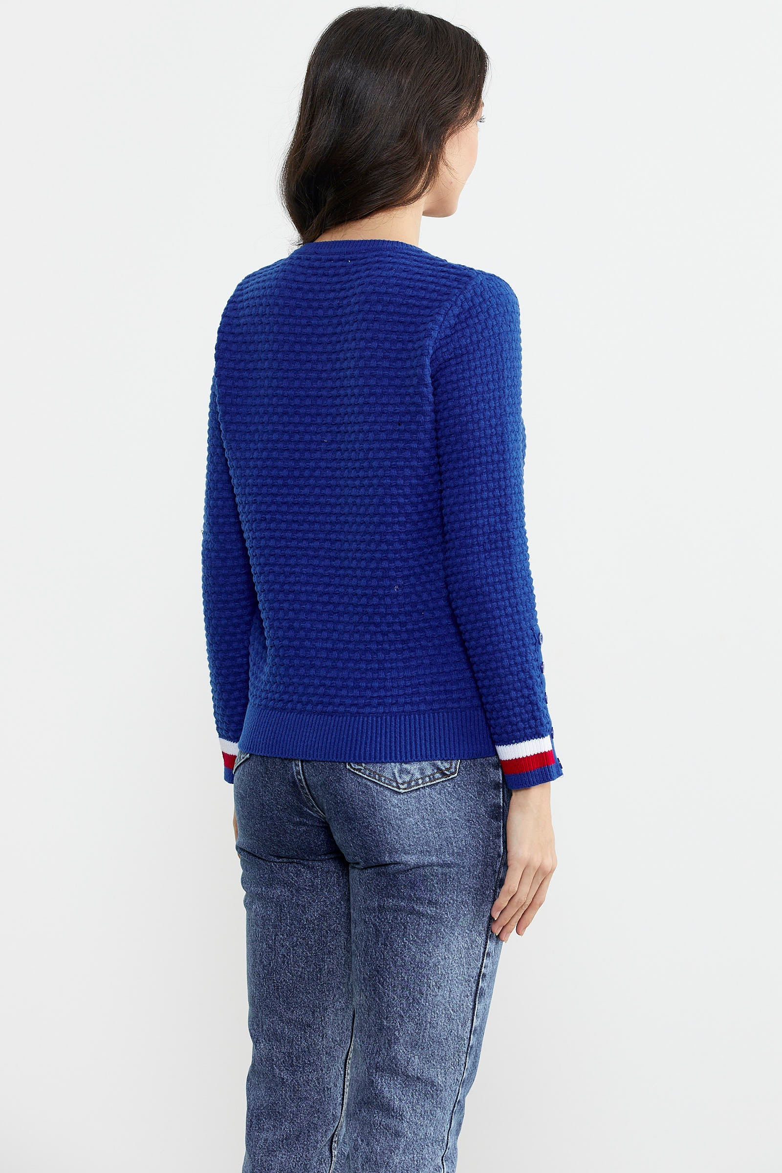 Sıfır Yaka Düğmeli Petek Desenli Triko Hırka - Saks (4) Sementa