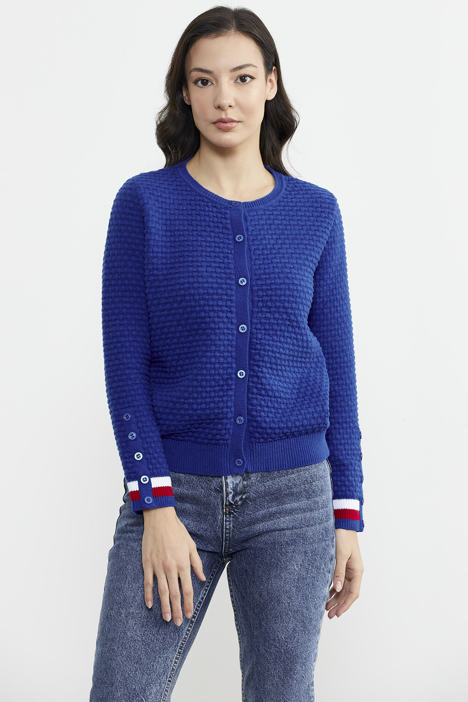 Sıfır Yaka Düğmeli Petek Desenli Triko Hırka - Saks (3) Sementa