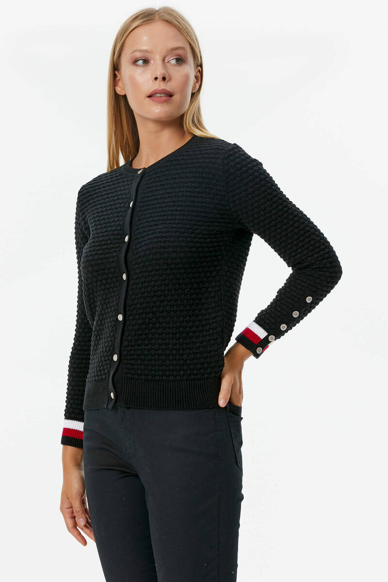 Sıfır Yaka Düğmeli Petek Desenli Triko Hırka - Siyah (3) Sementa