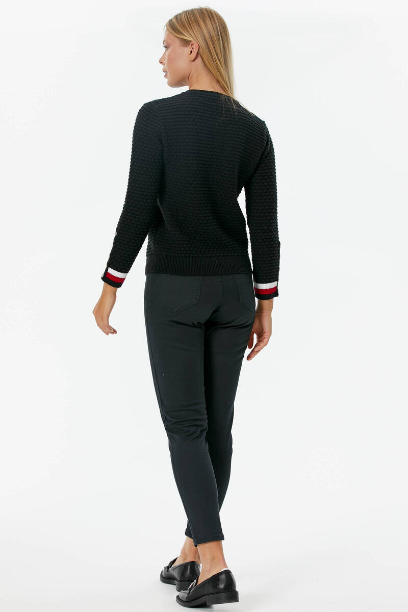 Sıfır Yaka Düğmeli Petek Desenli Triko Hırka - Siyah (5) Sementa