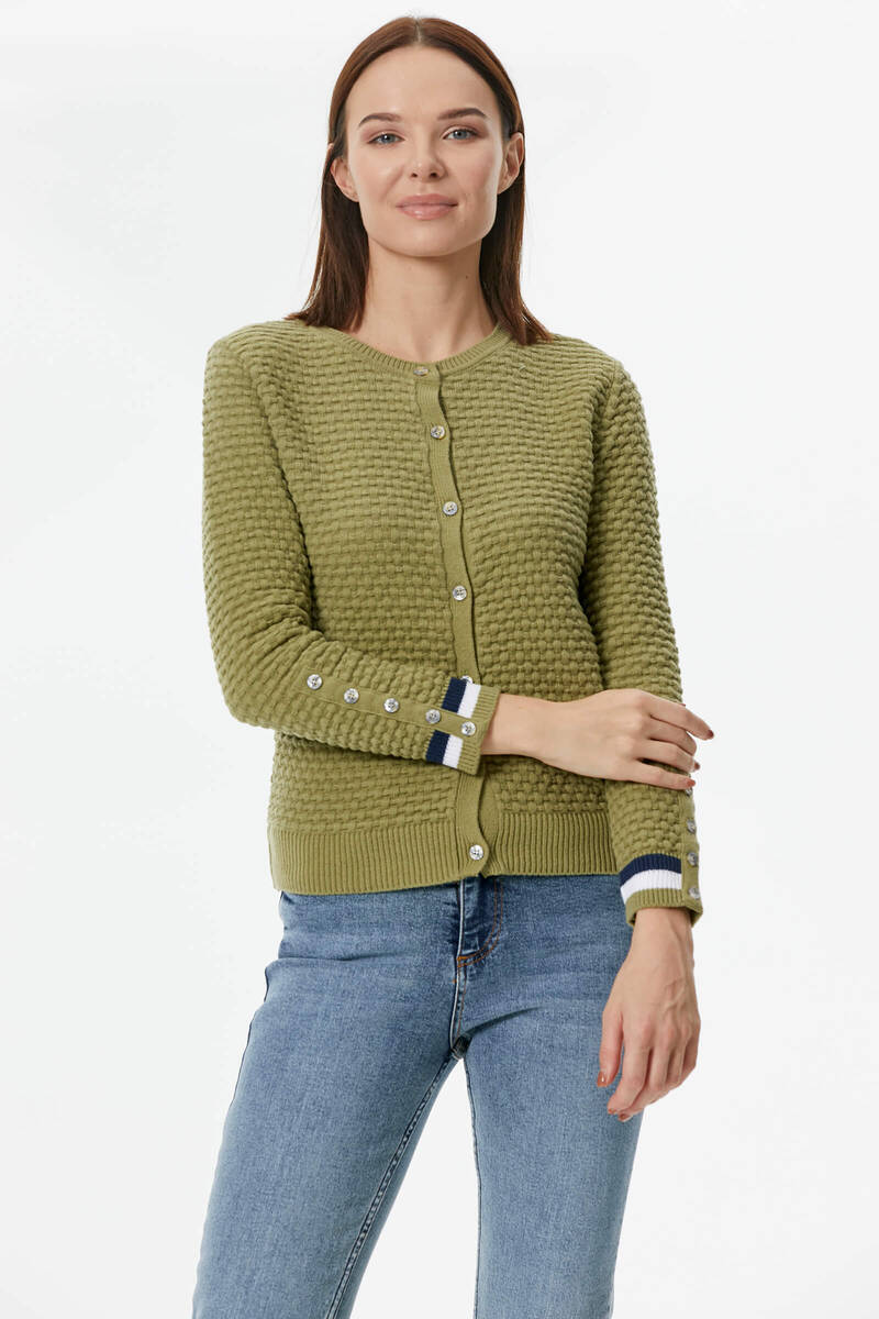 Sıfır Yaka Düğmeli Petek Desenli Triko Hırka - Yeşil (3) Sementa