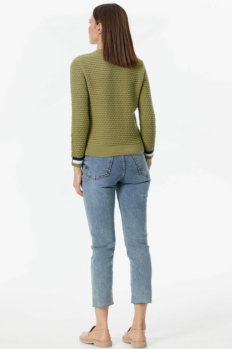 Sıfır Yaka Düğmeli Petek Desenli Triko Hırka - Yeşil (4) Sementa