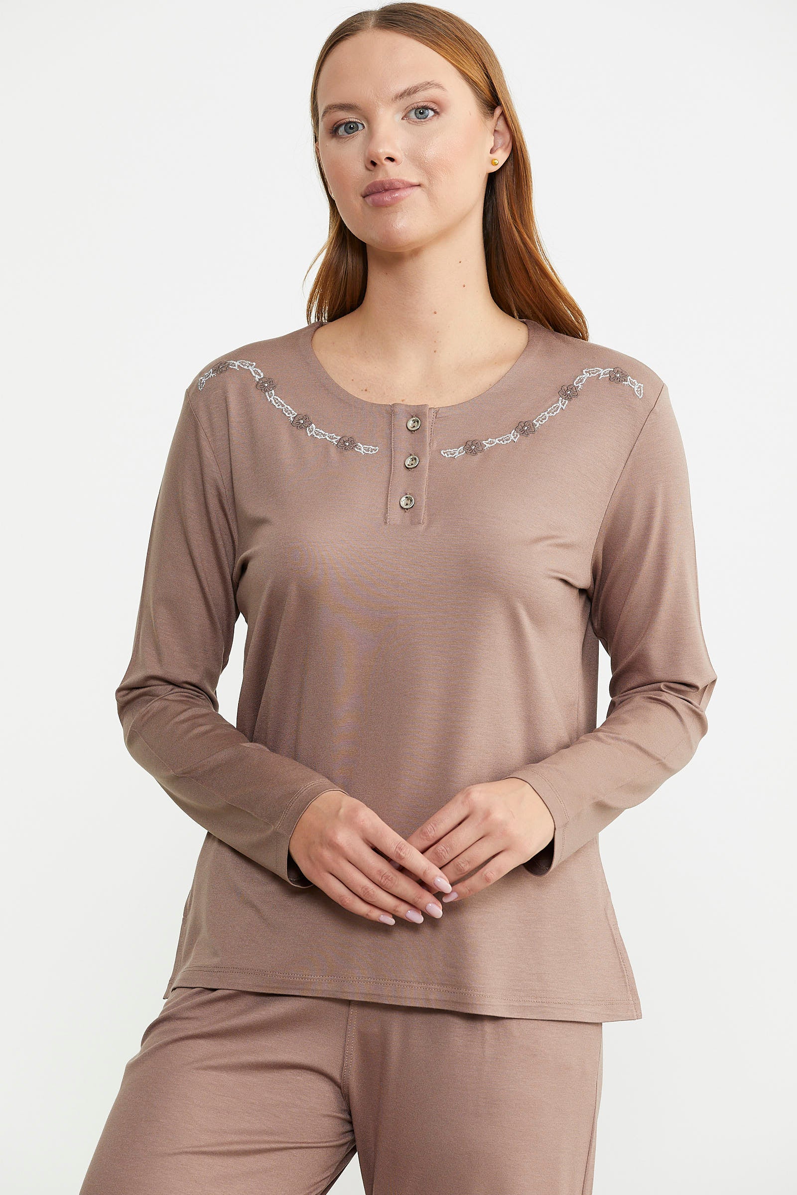 Sıfır Yaka Düğmeli Pijama Takım - Koyu Vizon - Sementa