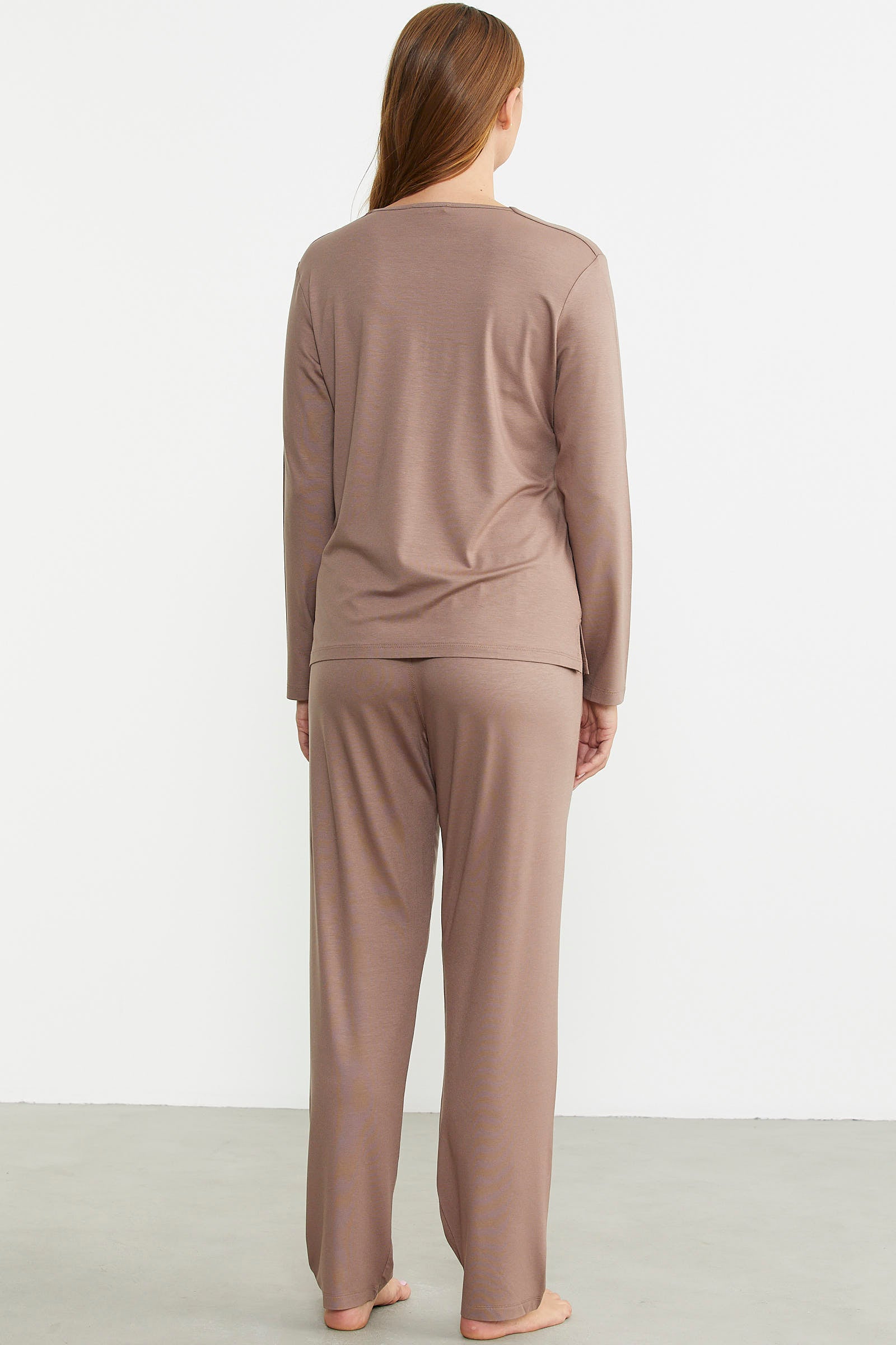 Sıfır Yaka Düğmeli Pijama Takım - Koyu Vizon - Sementa