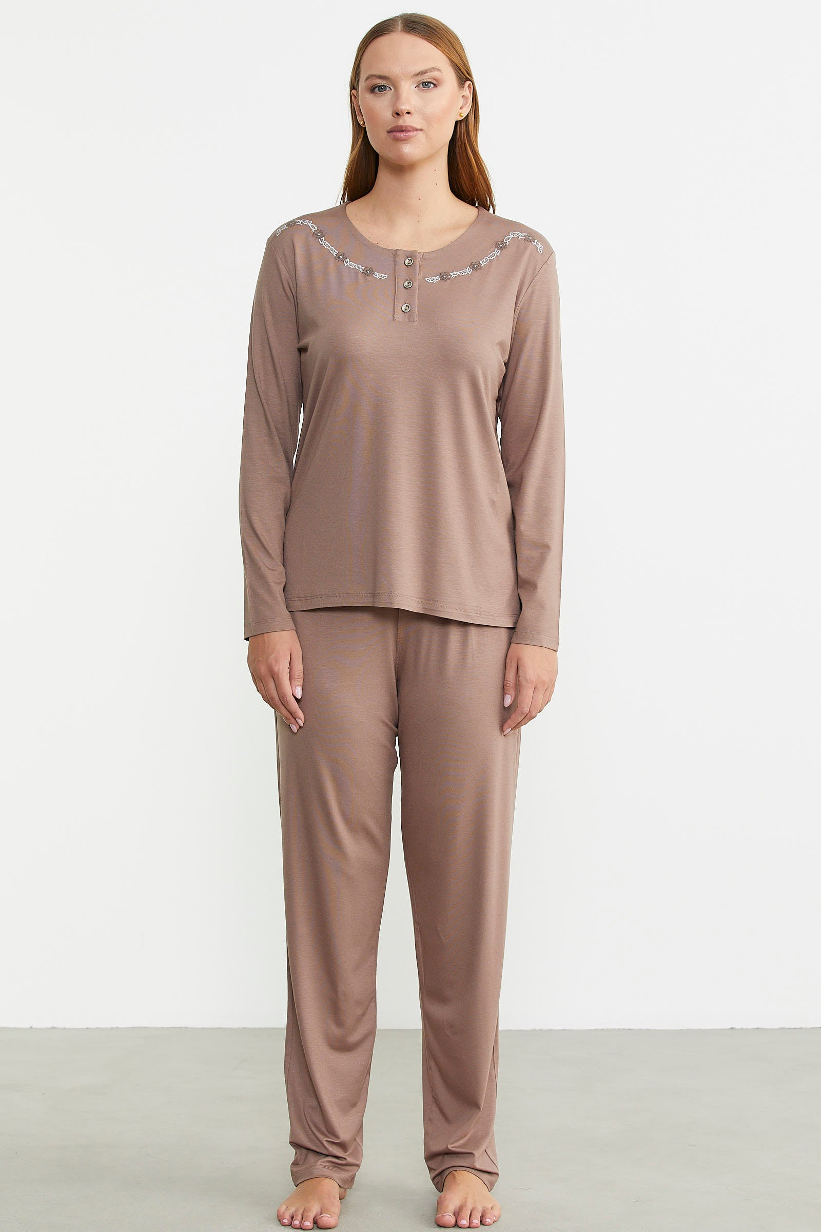 Sıfır Yaka Düğmeli Pijama Takım - Koyu Vizon - Sementa