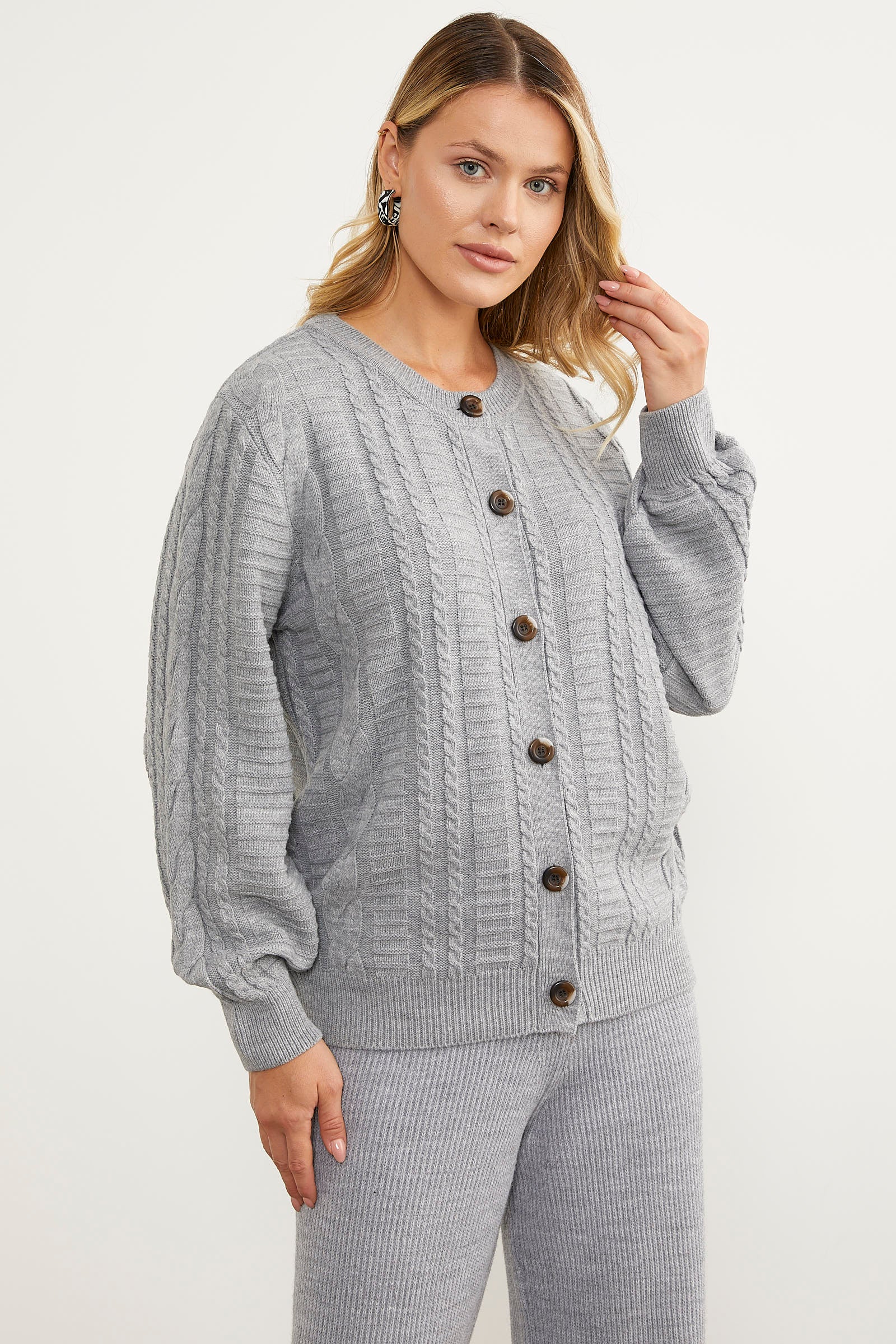 Sıfır Yaka Düğmeli Triko Hırka - Gri (2) Sementa