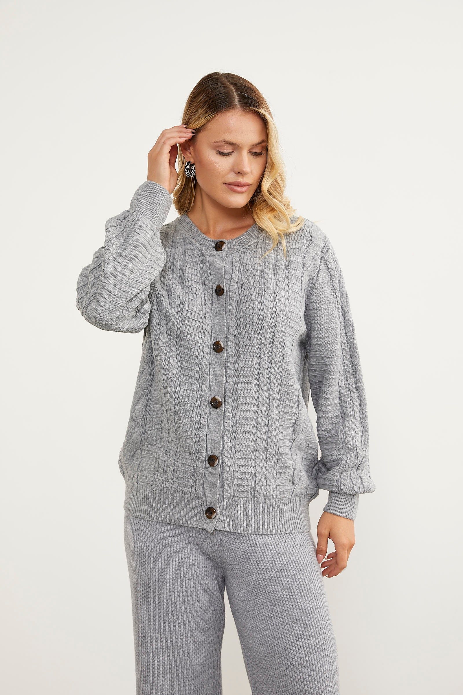 Sıfır Yaka Düğmeli Triko Hırka - Gri (3) Sementa