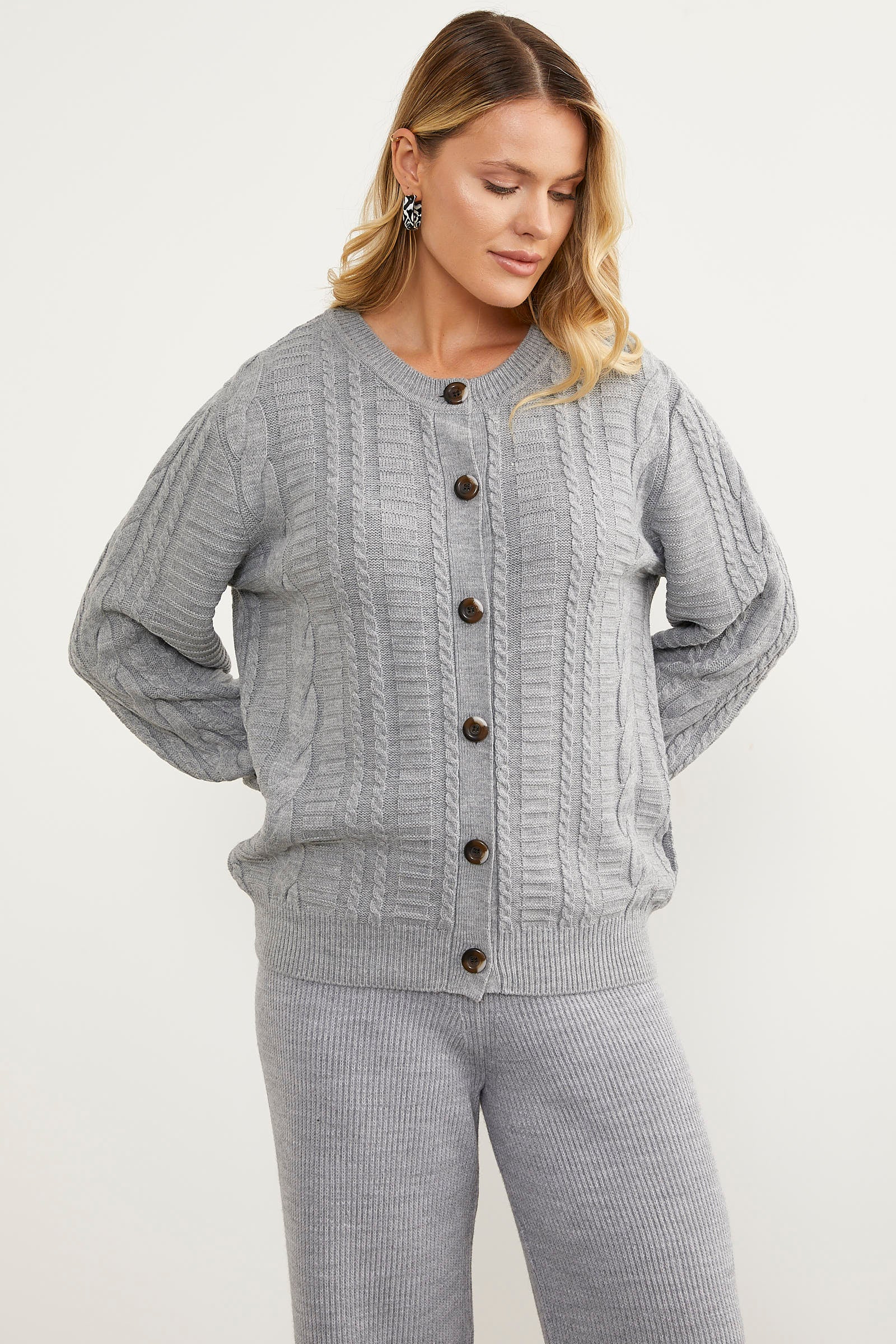 Sıfır Yaka Düğmeli Triko Hırka - Gri (4) Sementa