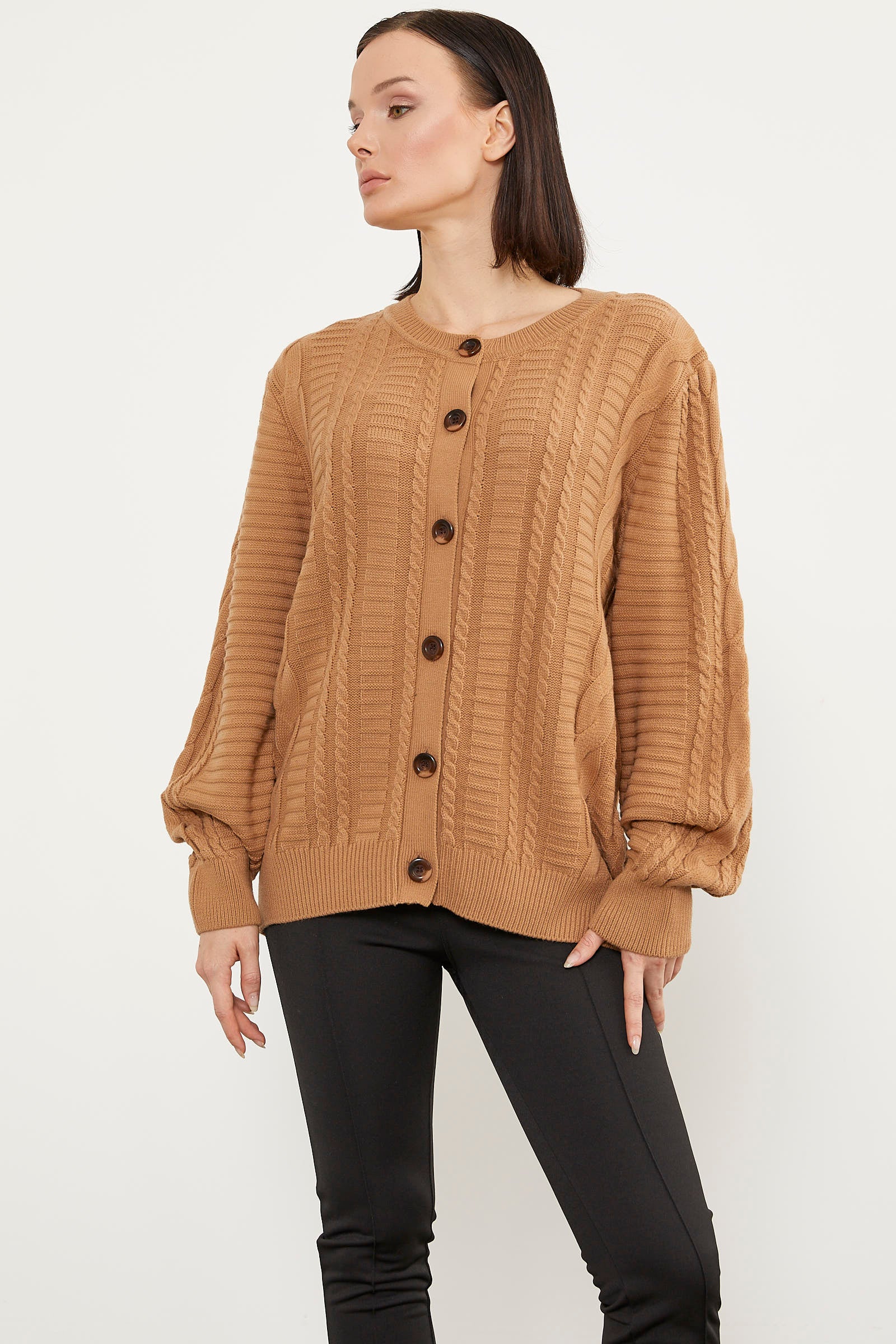 Sıfır Yaka Düğmeli Triko Hırka - Kamel (3) Sementa