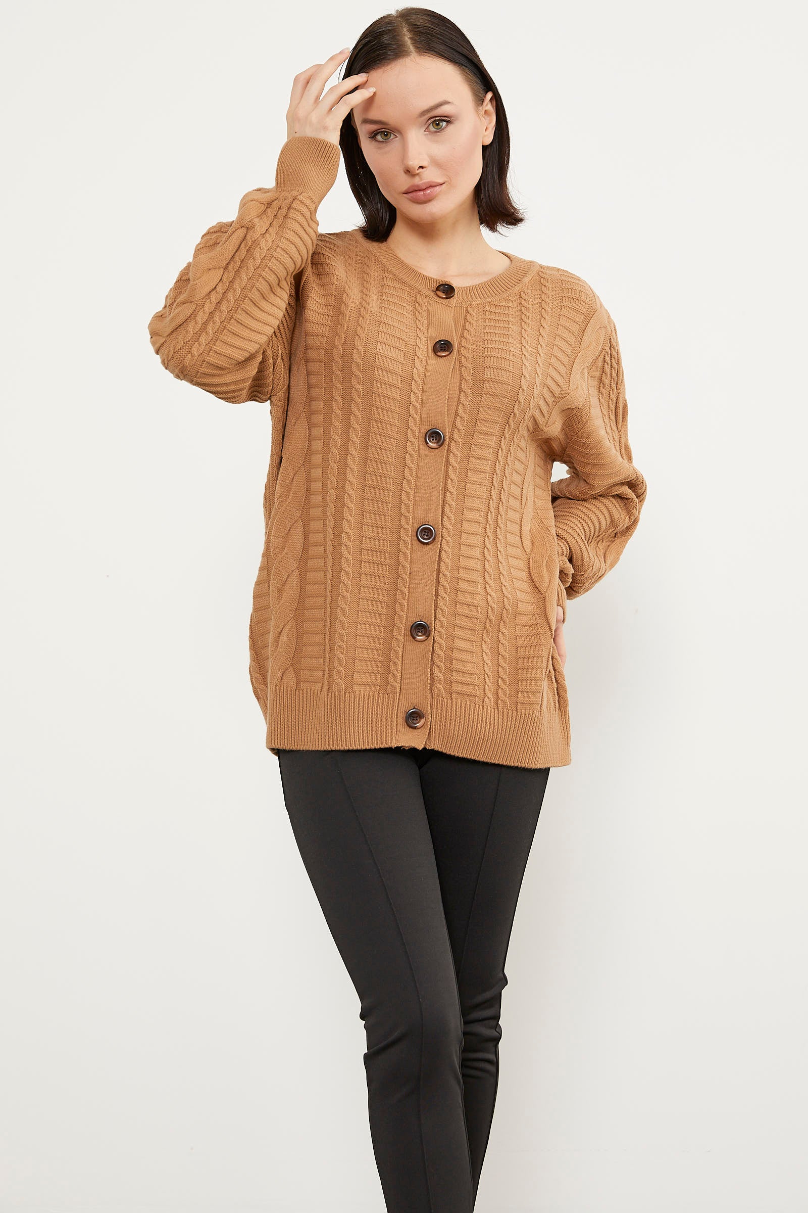 Sıfır Yaka Düğmeli Triko Hırka - Kamel (4) Sementa