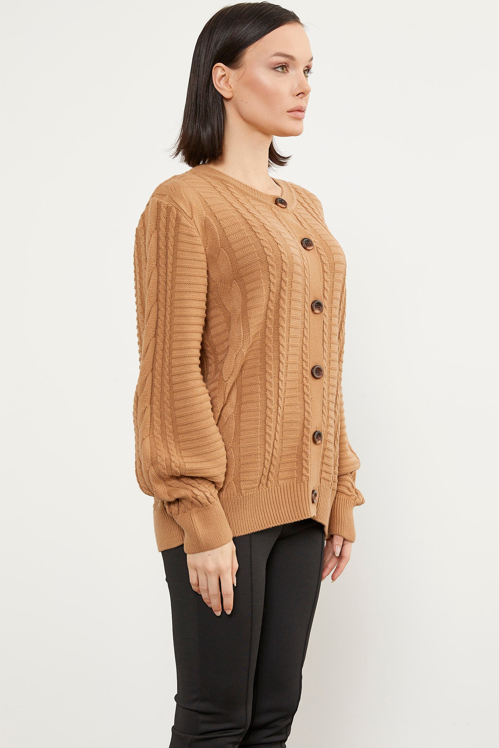 Sıfır Yaka Düğmeli Triko Hırka - Kamel (5) Sementa